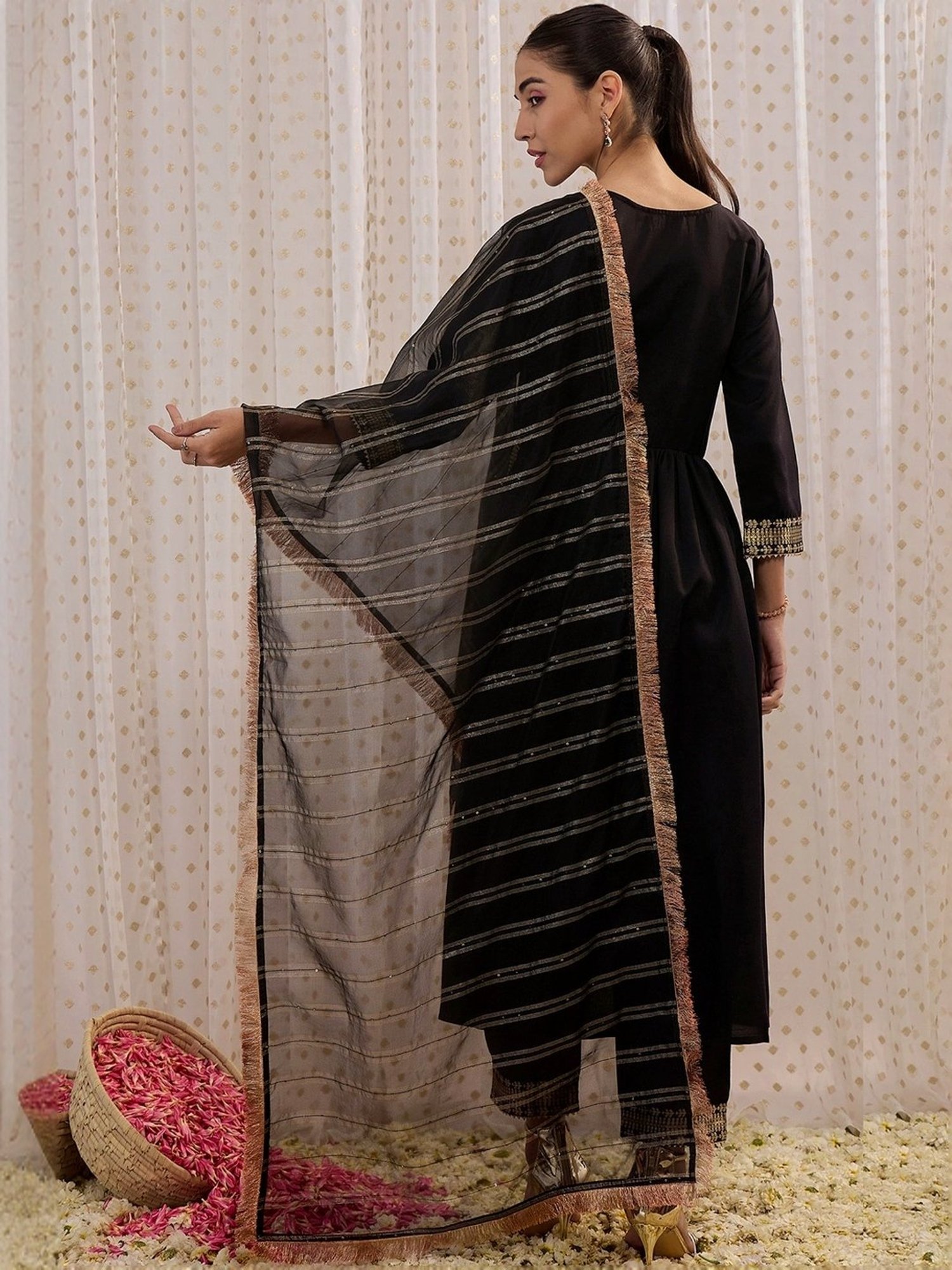 Indo Era Black Woven Pattern Kurta Pant Set With Dupatta