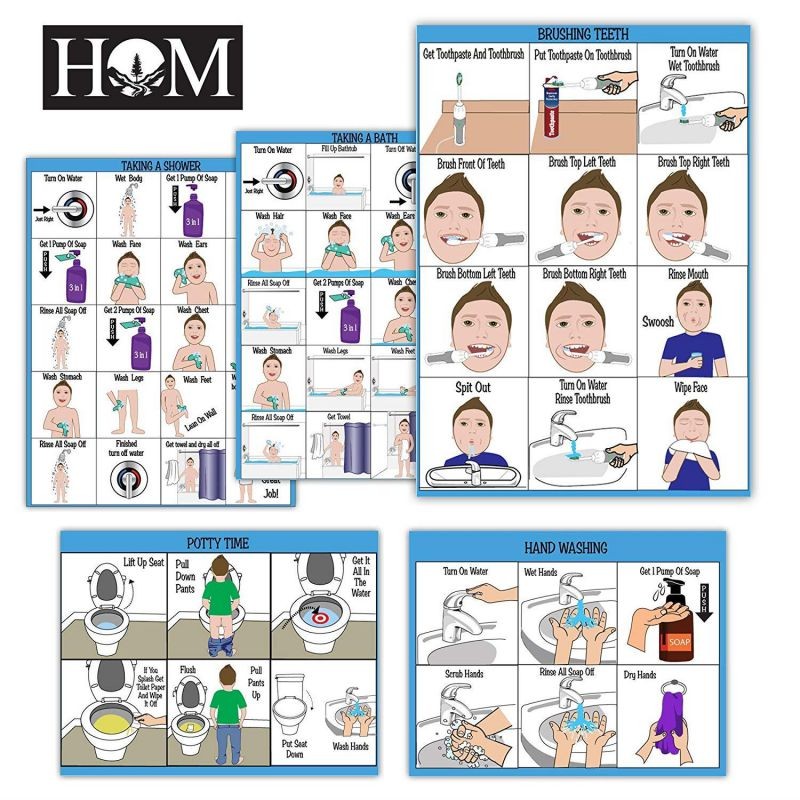 All New! ABA/OT Approved Step-by-Step 9X12" Set of 5 Visual Schedules. Potty Training, Bathing, Shower, Teeth Brushing, Hand Washing.for Autism/Special Needs. Independent Living & Personal Hygiene