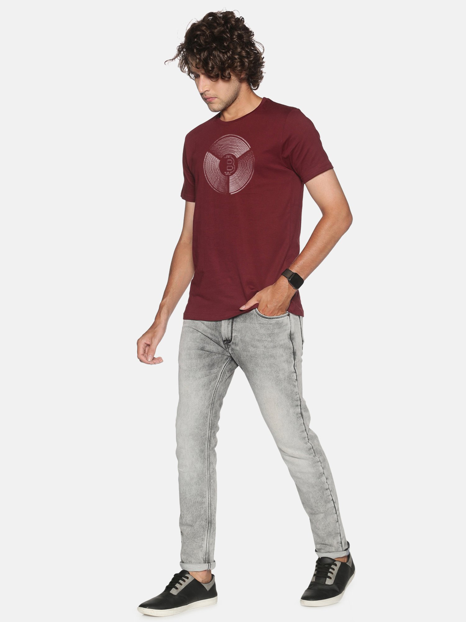 BLACK RADIO Maroon Slim Fit Printed Cotton Crew T-Shirt