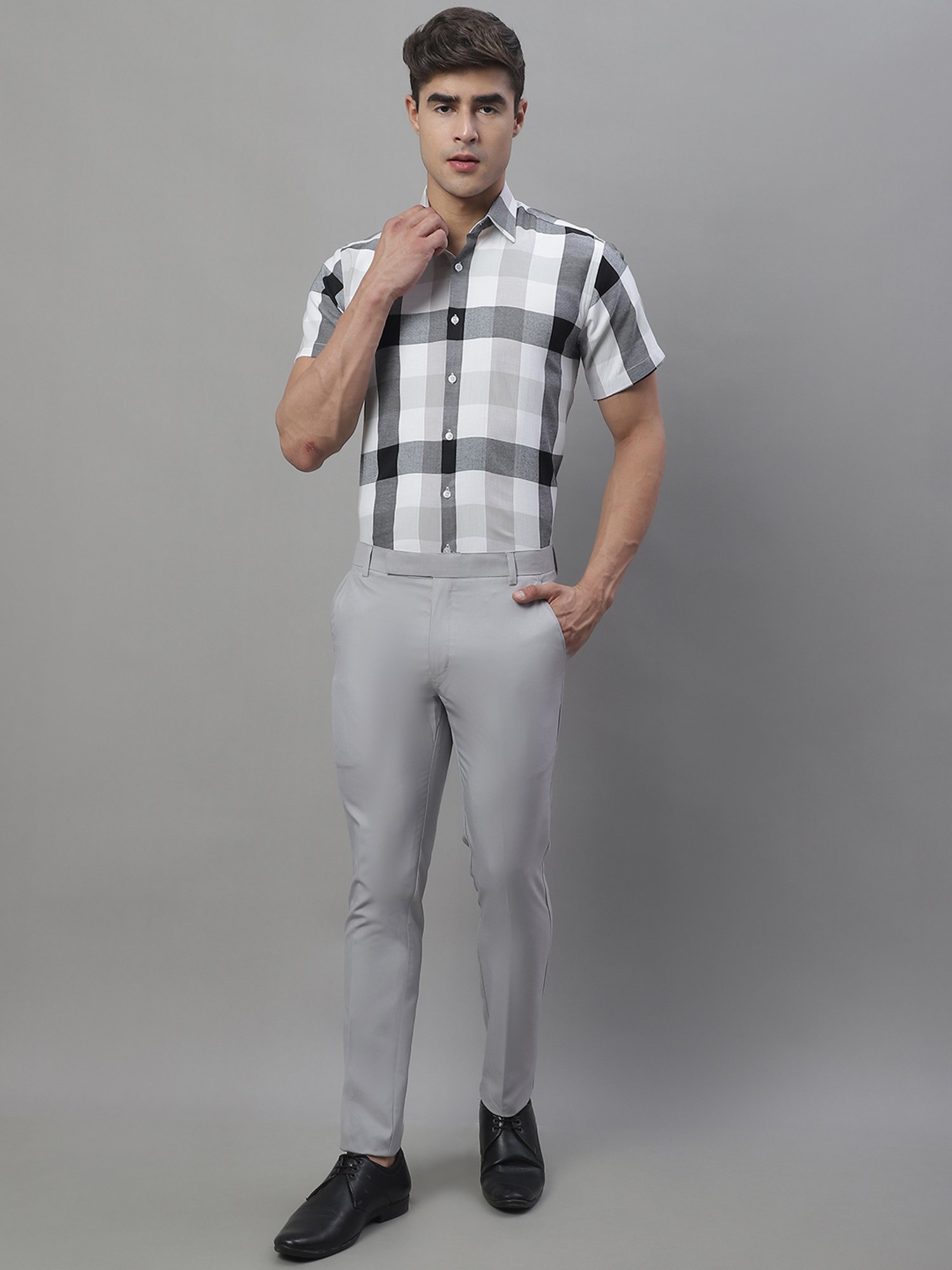 Jainish Grey Tapered Fit Flat Front Trousers