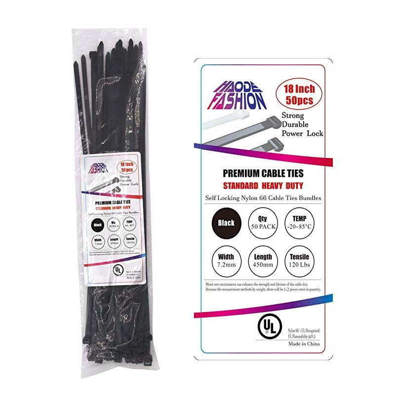 Wide 18 Inch Nylon Zip Cable Ties-Large 120LB Tensile Strength-Heavy Duty Industrial Durable Strong Cable Ties- 50 Pack - Indoor Outdoor Garden Ties Use(18",120LB, Black, UV Resistant)