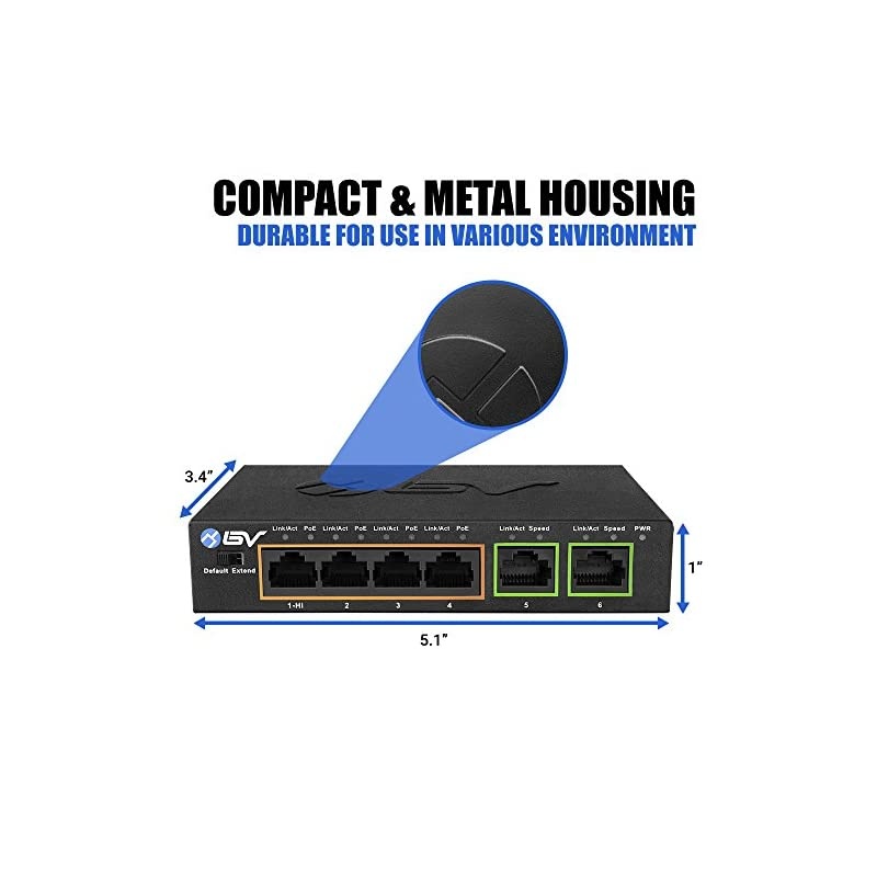 6 Port PoE+ Switch 4 PoE+ Ports with 2 Ethernet Uplink and Extend Function 60W 8023at + 1 High Power PoE Port