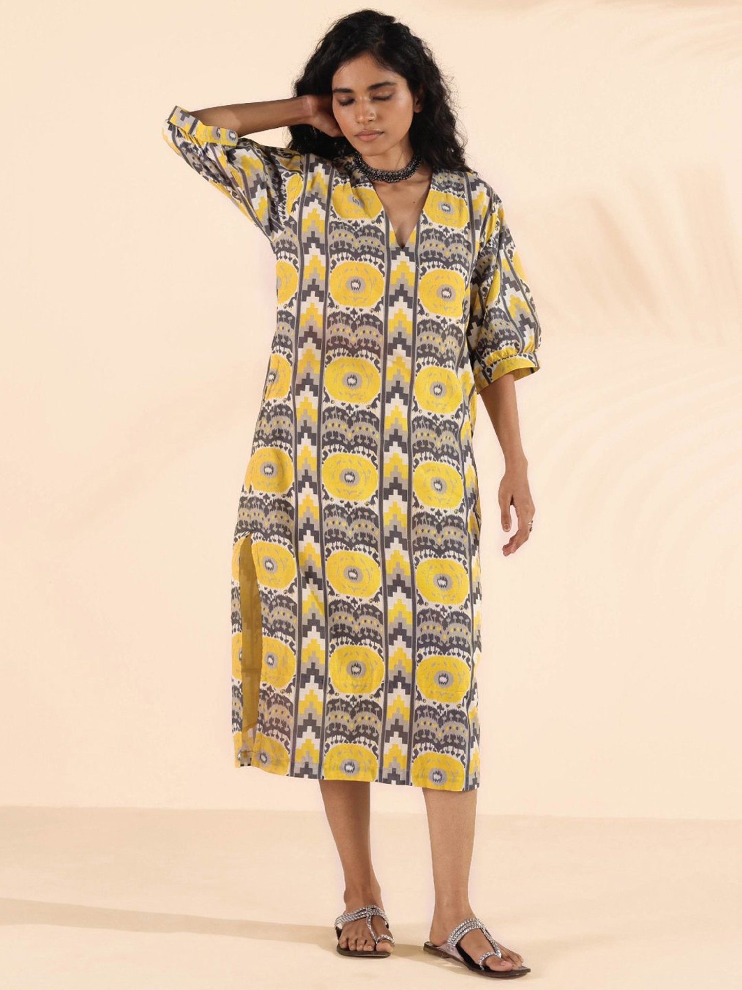 true Browns Grey & Yellow Printed A-Line Dress