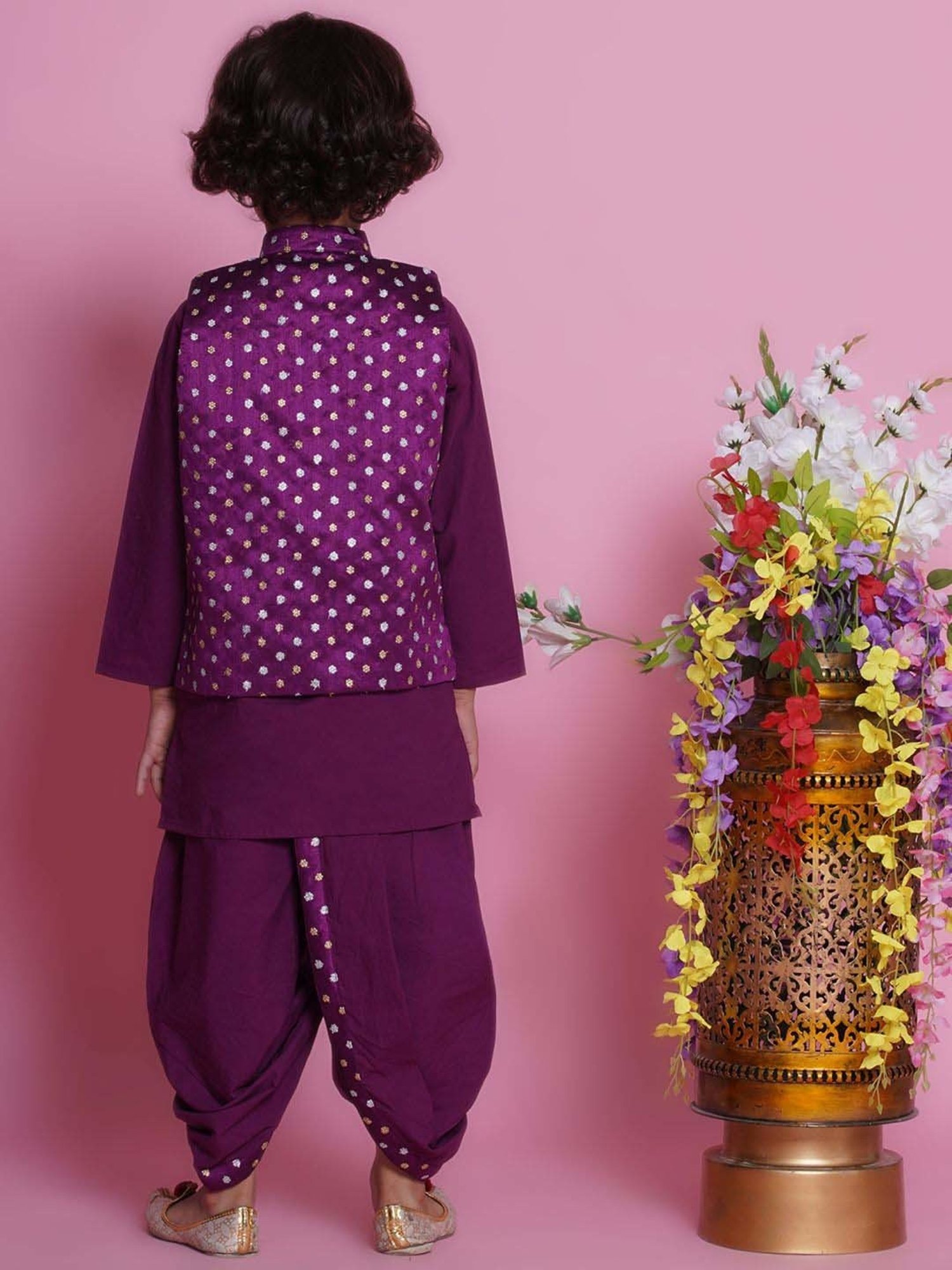 Little Bansi Boys Purple Cotton Self Full Sleeves Kurta Set