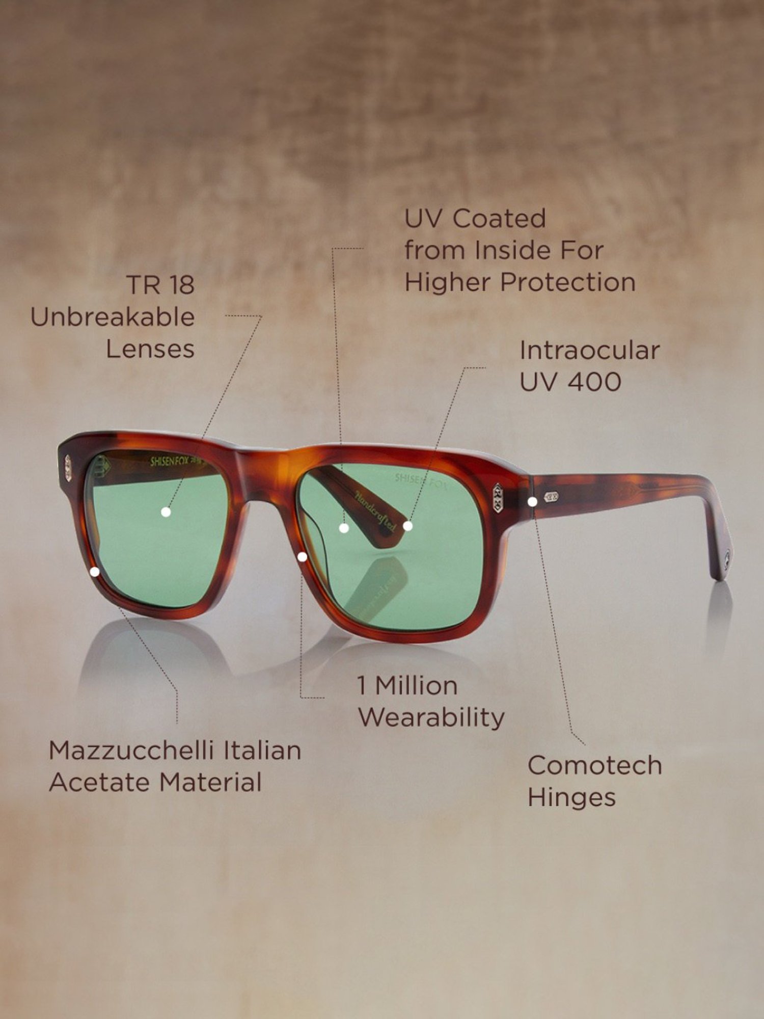 Shisen Fox Yorokobi Havana Square Unisex UV Protection Sunglasses -54 mm