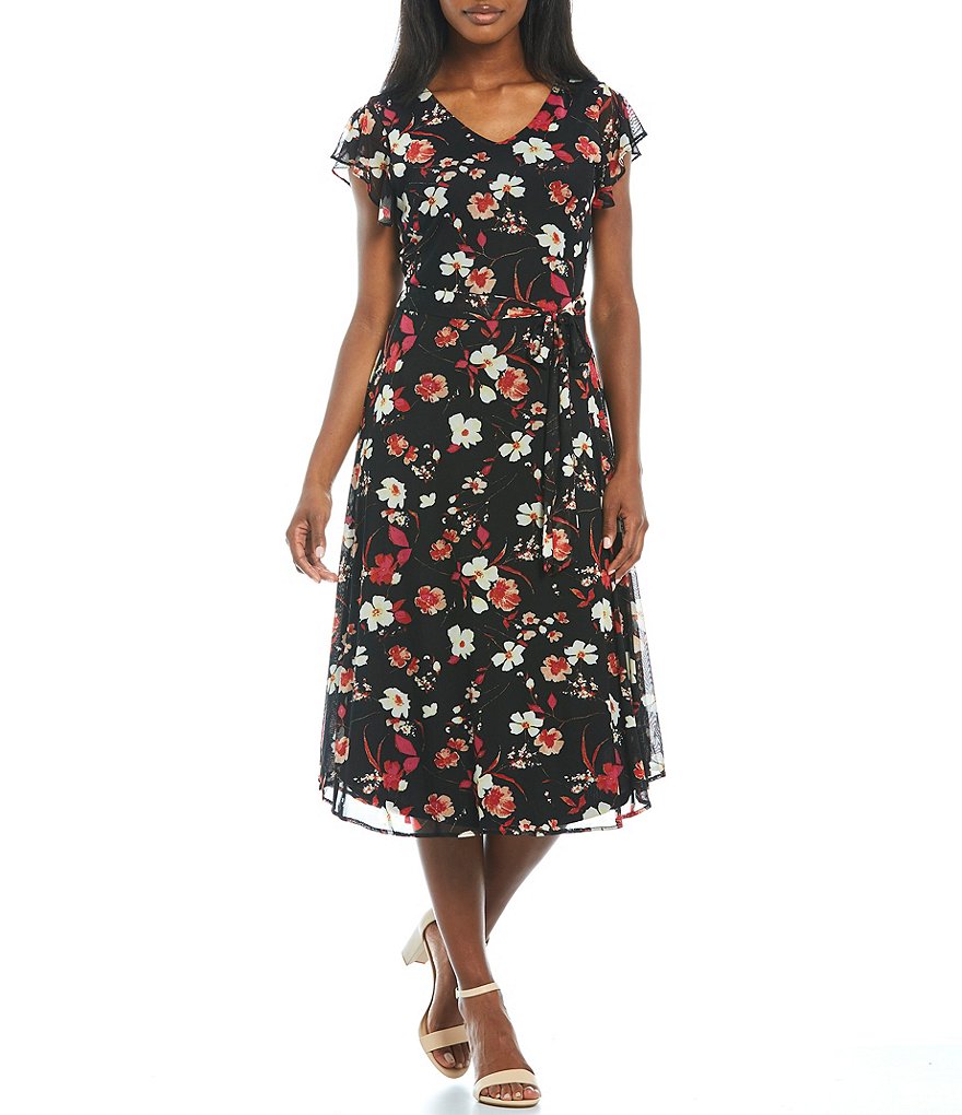 Leslie Fay Floral Flutter Cap Sleeve Ruffle Midi Dress