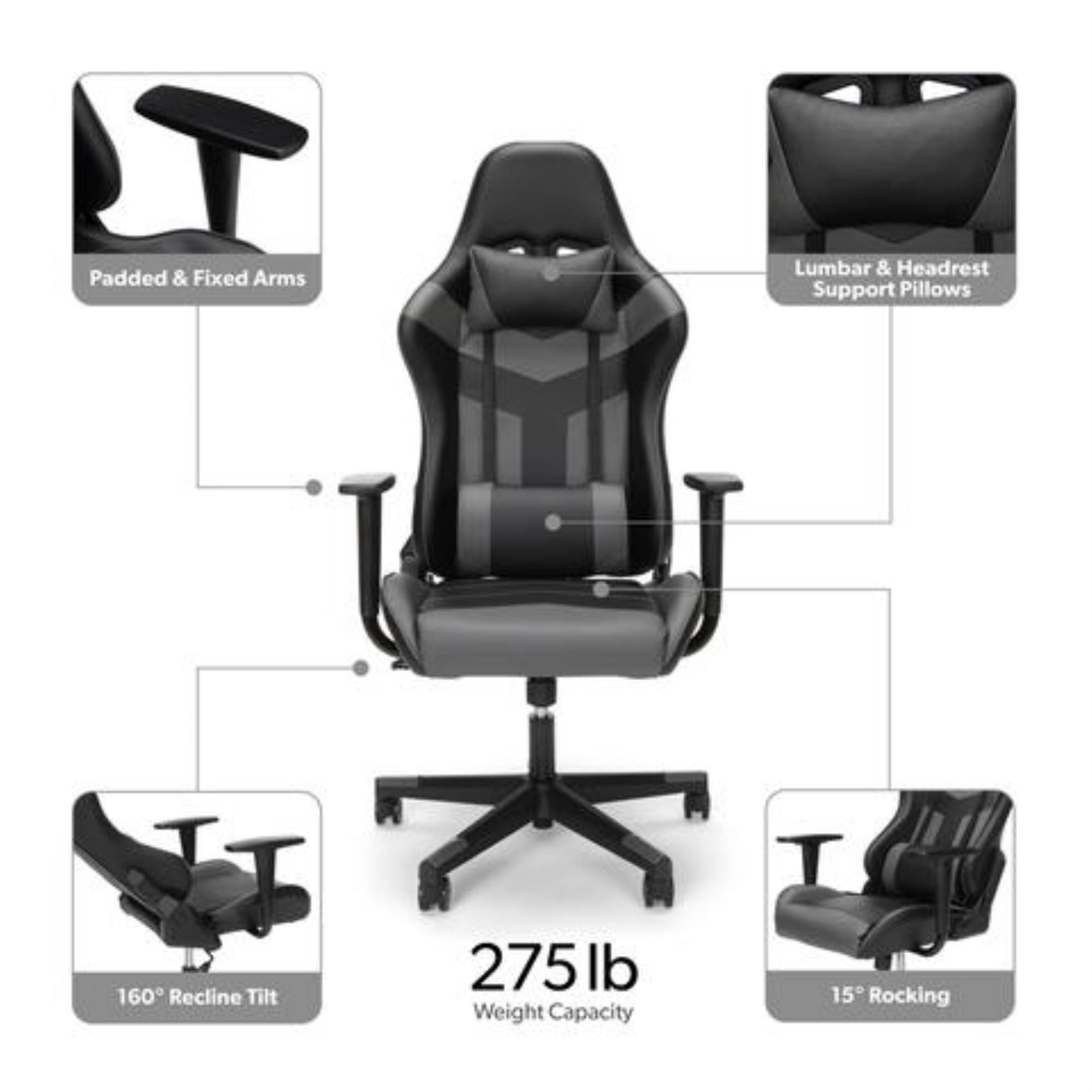Essentials Collection High Back PU Leather Gaming Chair, in Grey (ESS-6075-GRY)