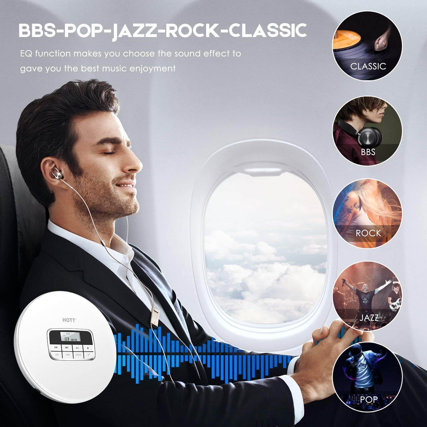 CD Player with Headphones, HOTT Personal CD Walkman Music Player with LCD Display, Skip Protection Shockproof Anti Scratch Function, Support CD, MP3 CD, CD-R, CD-RW Format - Black