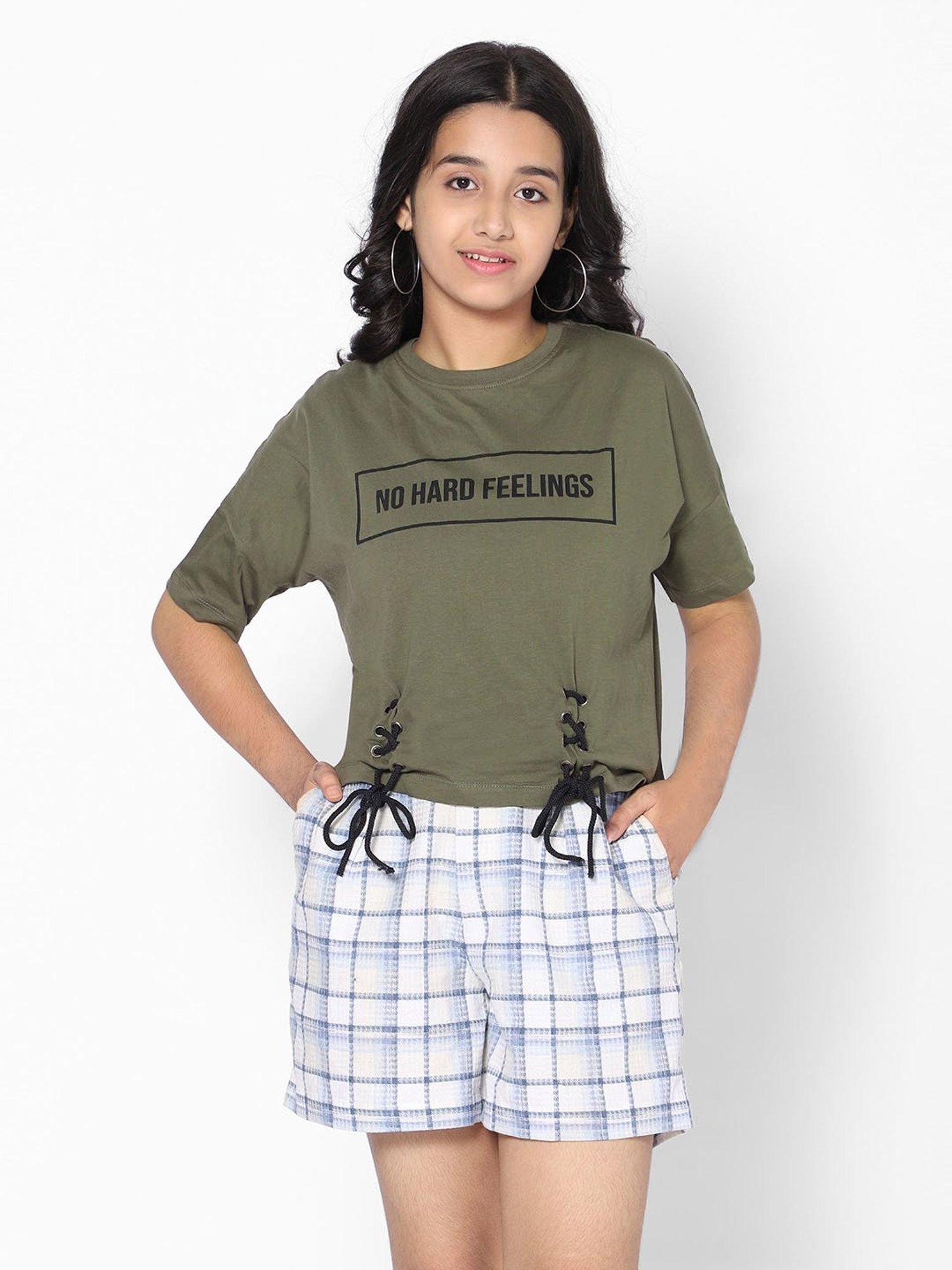 TeenTrums Girls Olive Graphic Print Top