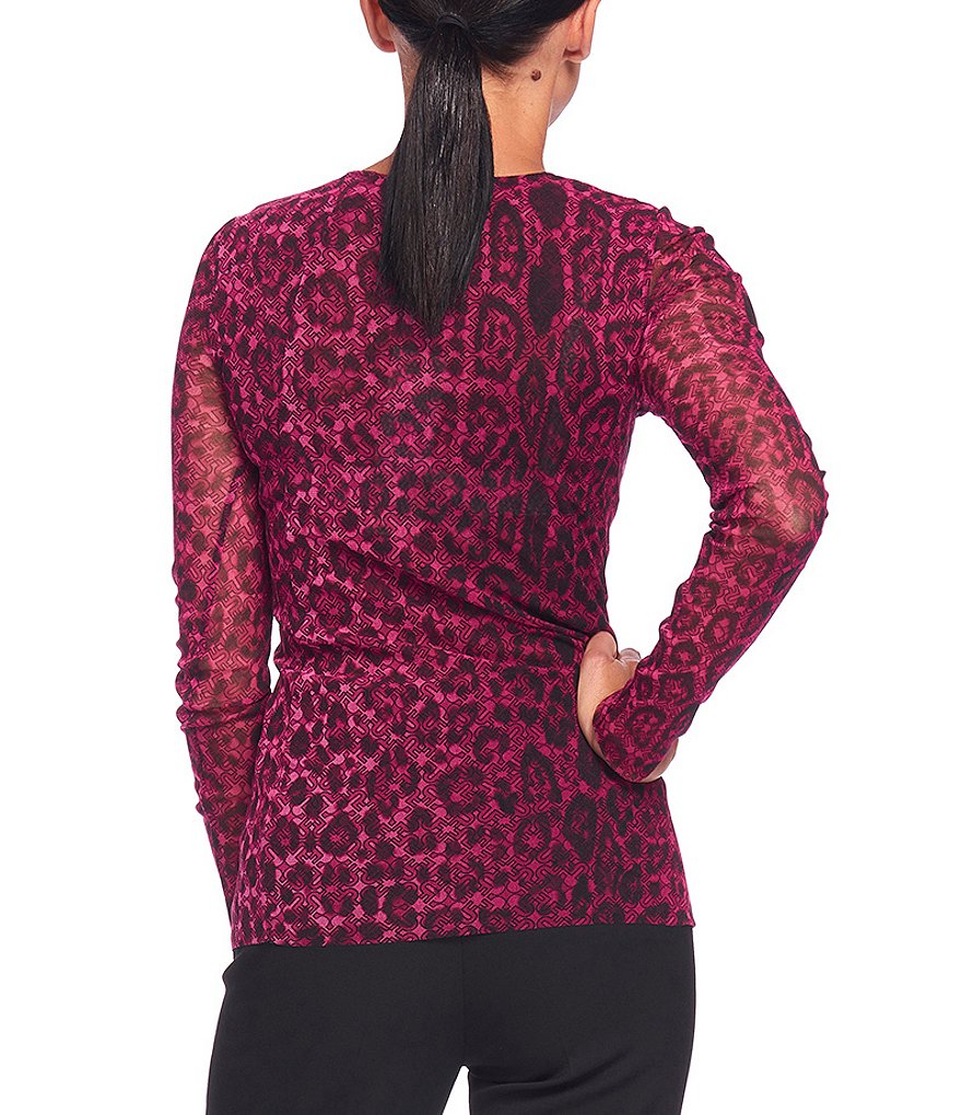 FUZZI Tulle Mesh Iconic Leopard Print Crew Neck Ruched Long Sleeve Top