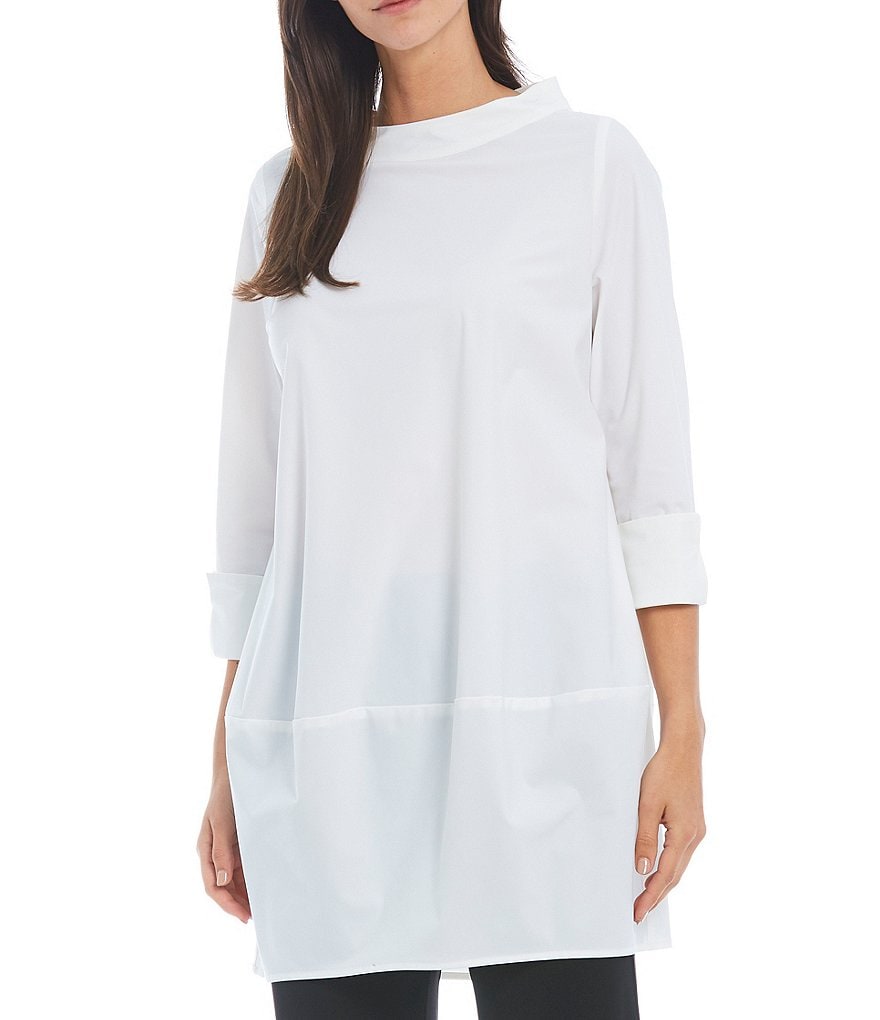 IC Collection Stretch Woven Funnel Neck Stand Collar 3/4 Sleeve Long Tunic