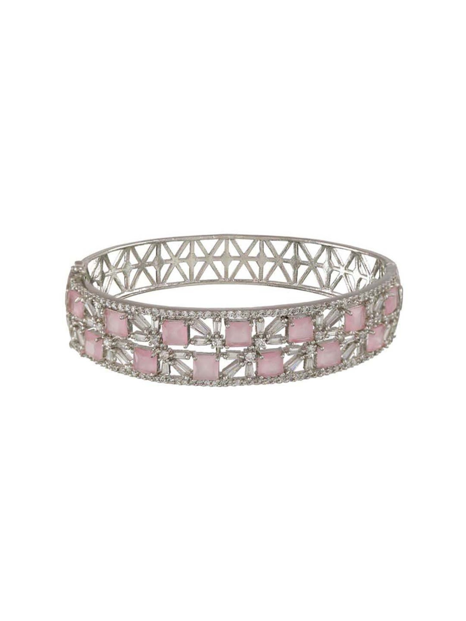 Jazz & Sizzle Silver-Plated Pink AD Studded Handcrafted Bangle Style Bracelet for Women