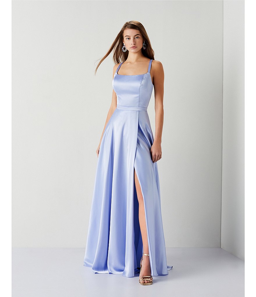 Blondie Nites Sleeveless Square-Neck Cut-Out Back Side Slit Charmeuse Satin Ball Gown
