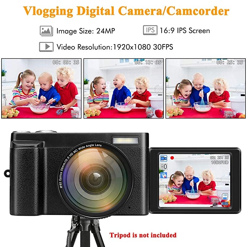 Camera YouTube Vlogging Camera HD 1080P 24MP Video Camcorder 16X Zoom with Wide Angle Lens, WiFi, Pause Function, Face Detection, 3&rsquo;&rsquo; IPS Screen, 32GB SD Card, 2xBattery