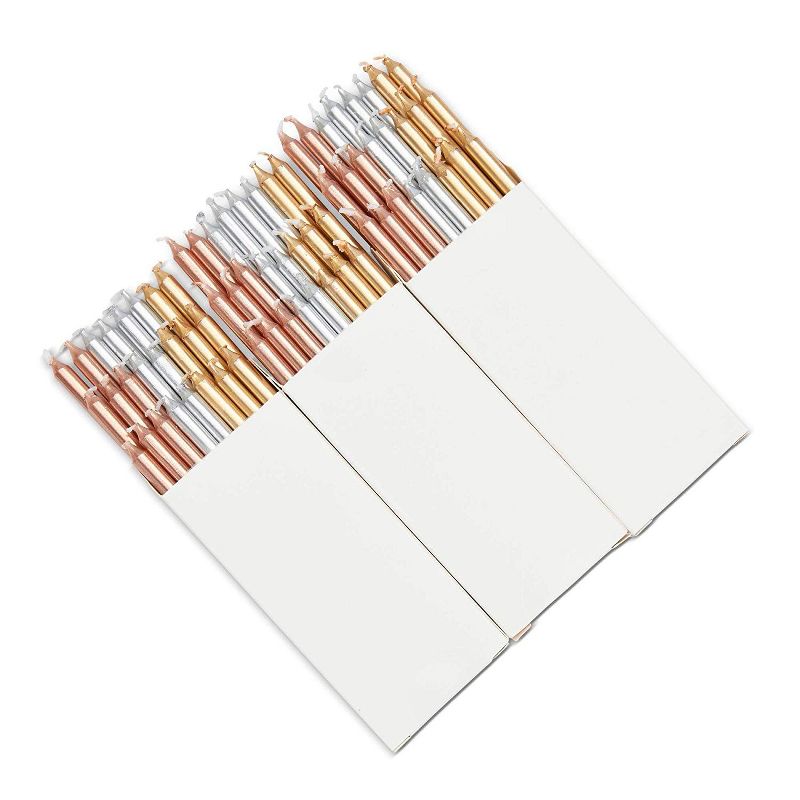 Blue Panda 72 Pack Metallic Long Thin Birthday Cake Candles 3-Inch with Holders - Silver, Gold, Rose Gold