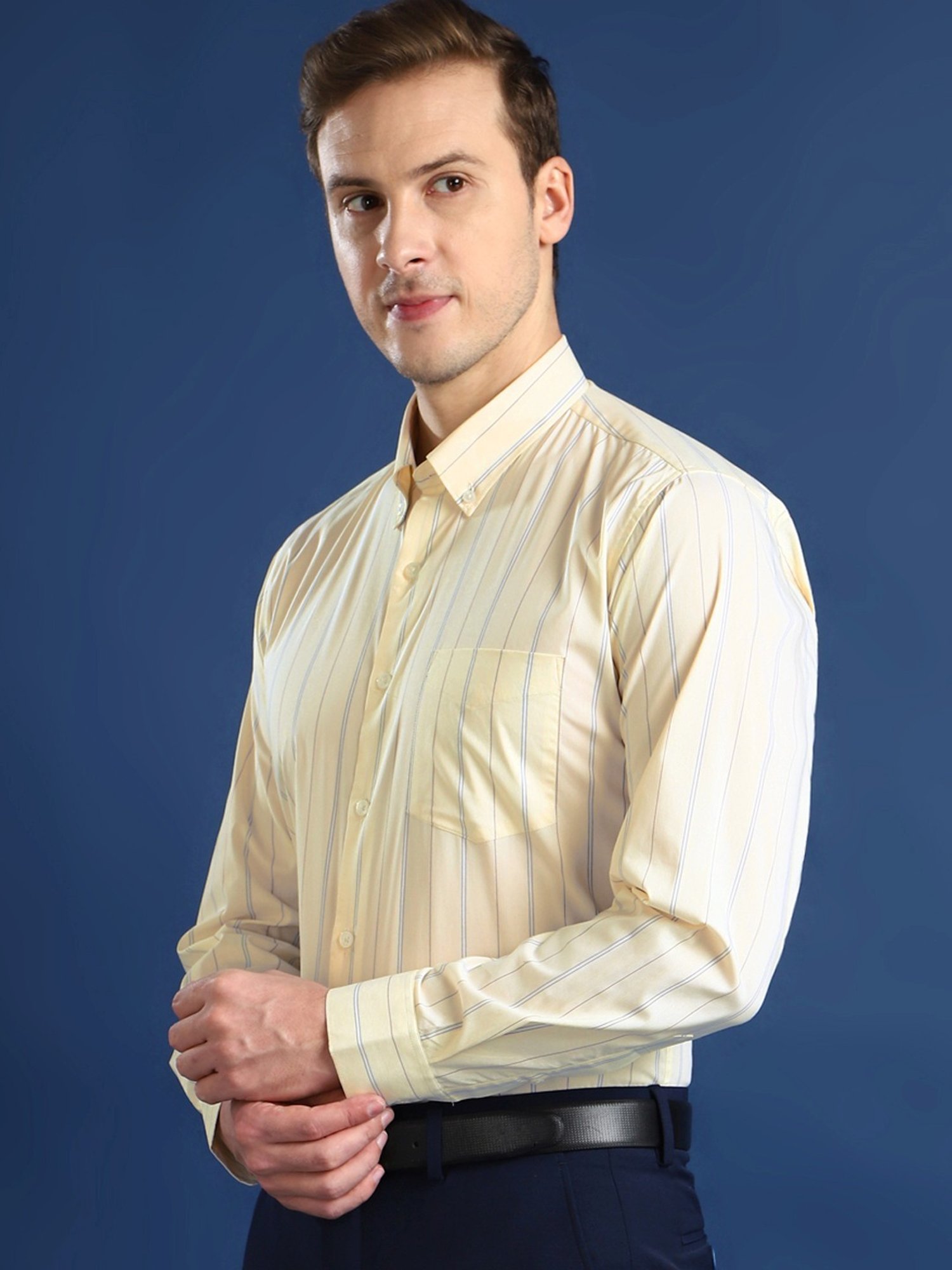 Hancock Cream Cotton Slim Fit Striped Shirt