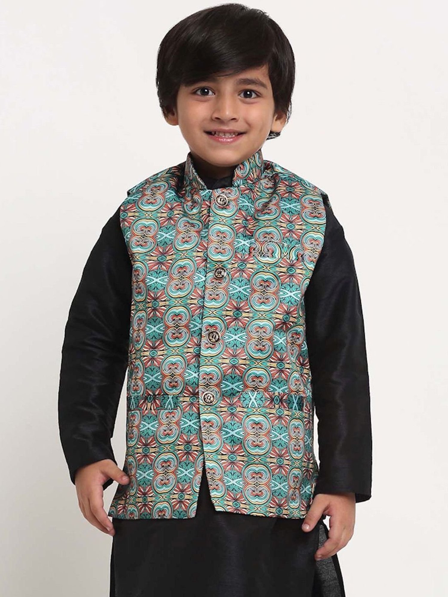 Benstoke Kids Teal Green & Orange Printed Nehru Jacket