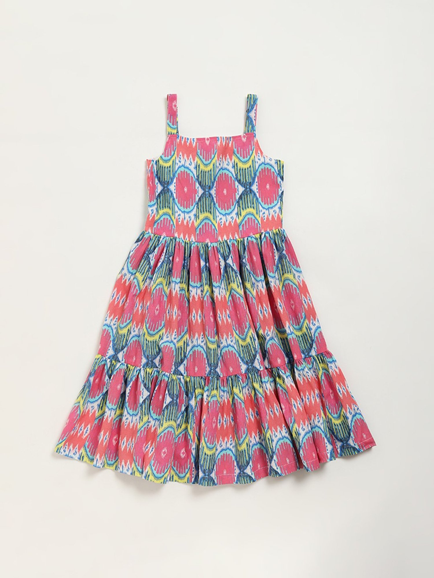 Utsa Kids by Westside Pink Ikat Print Tiered Cotton Blend Dress