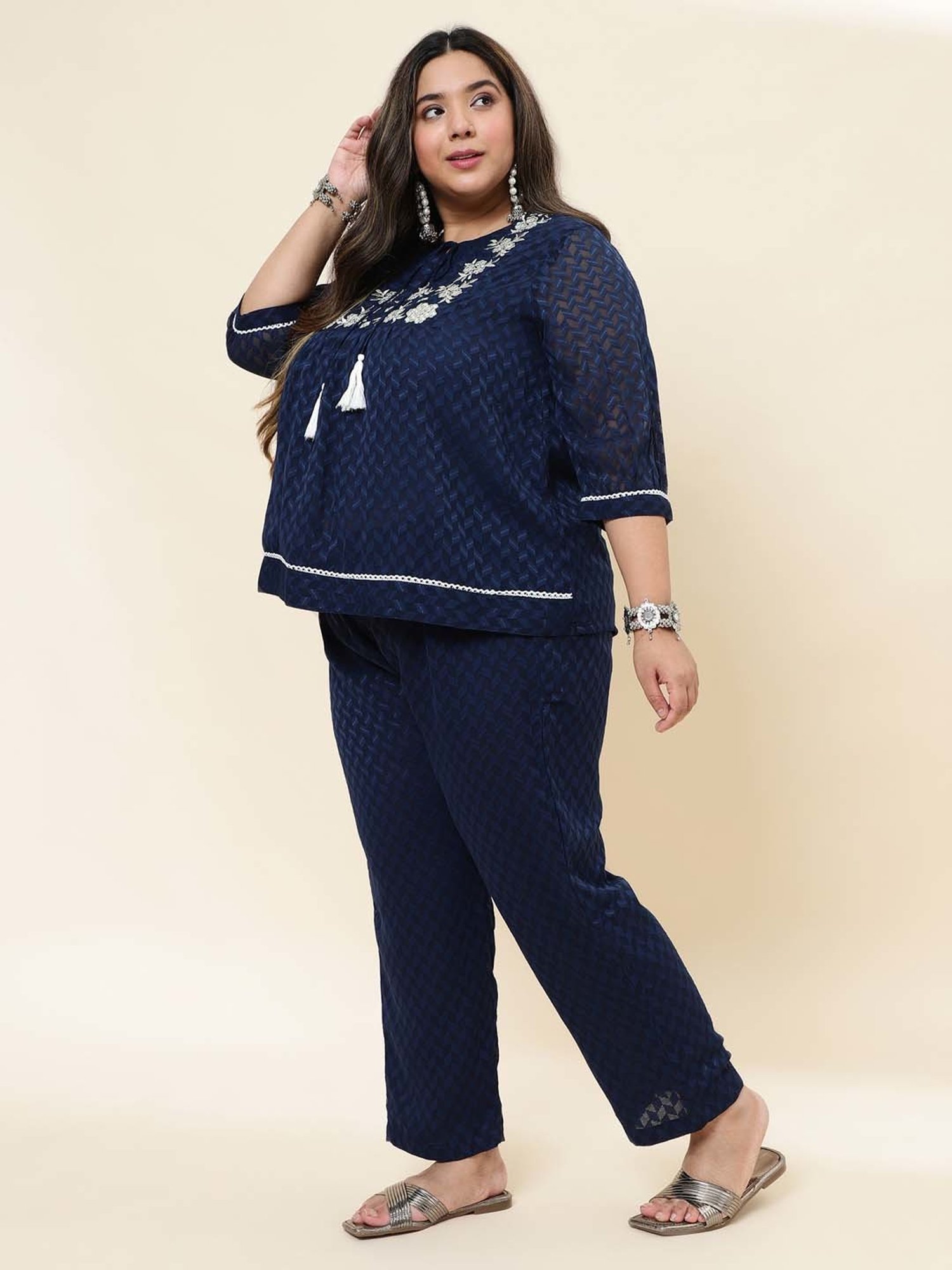 Sringam Blue Embroidered Top Pant Set