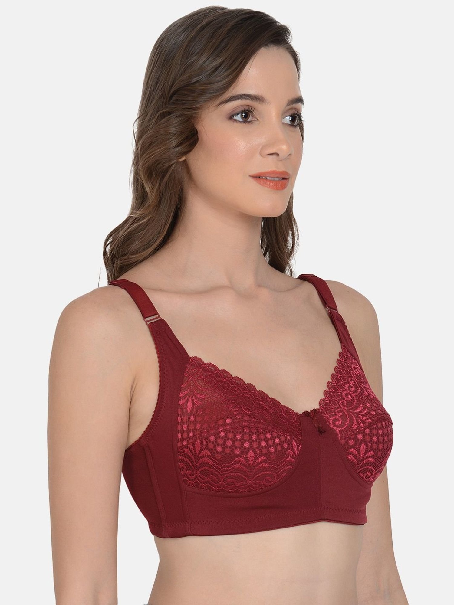 mod & shy Maroon Lace Work Minimizer Bra