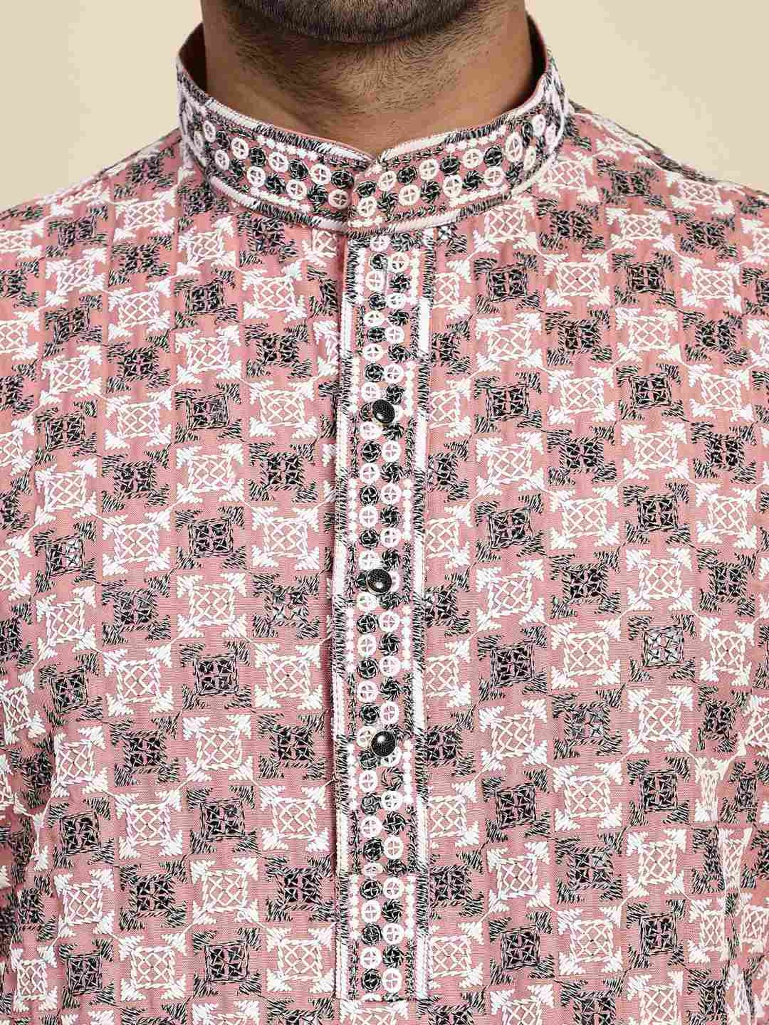 Pro-Ethic Style Developer Peach & White Cotton Regular Fit Embellished Kurta Bottom Set