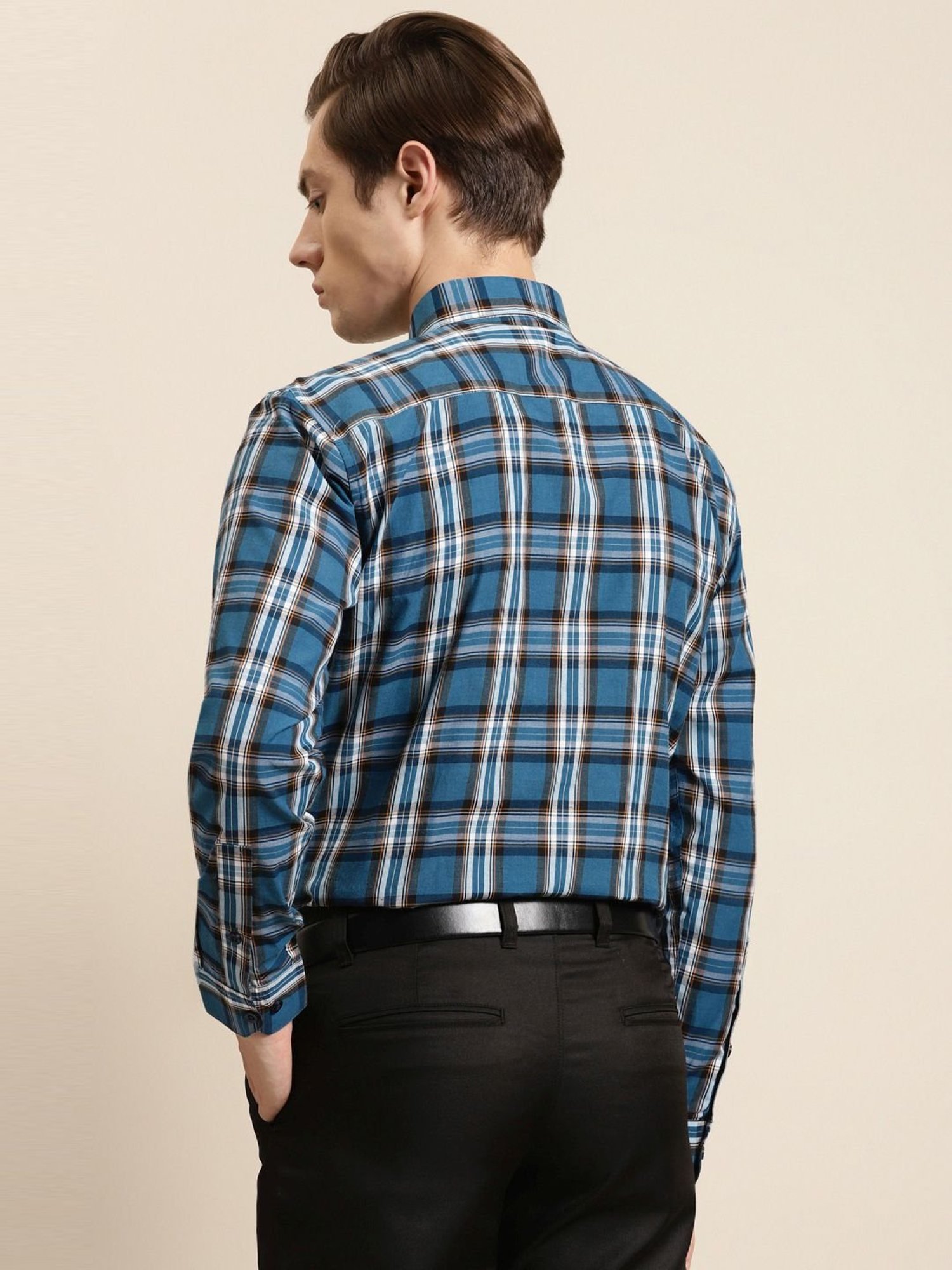 Sojanya Blue Cotton Regular Fit Checks Shirt