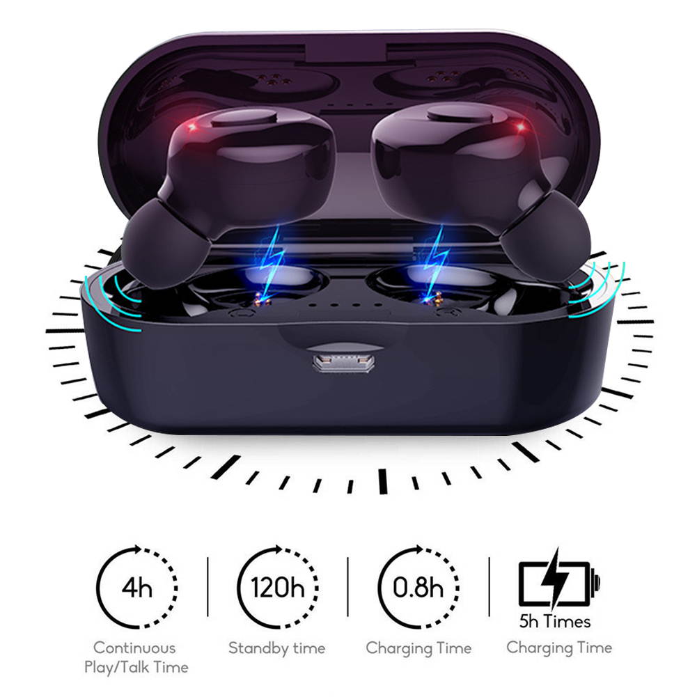 IPX5 TWS Bluetooth 5.0 Wireless Earbuds With 350Amh Charging Case Waterproof TWS Stereo Headphones in-Ear Built-in Mic Headset Premium Sound with Deep Bass for Sport - Black