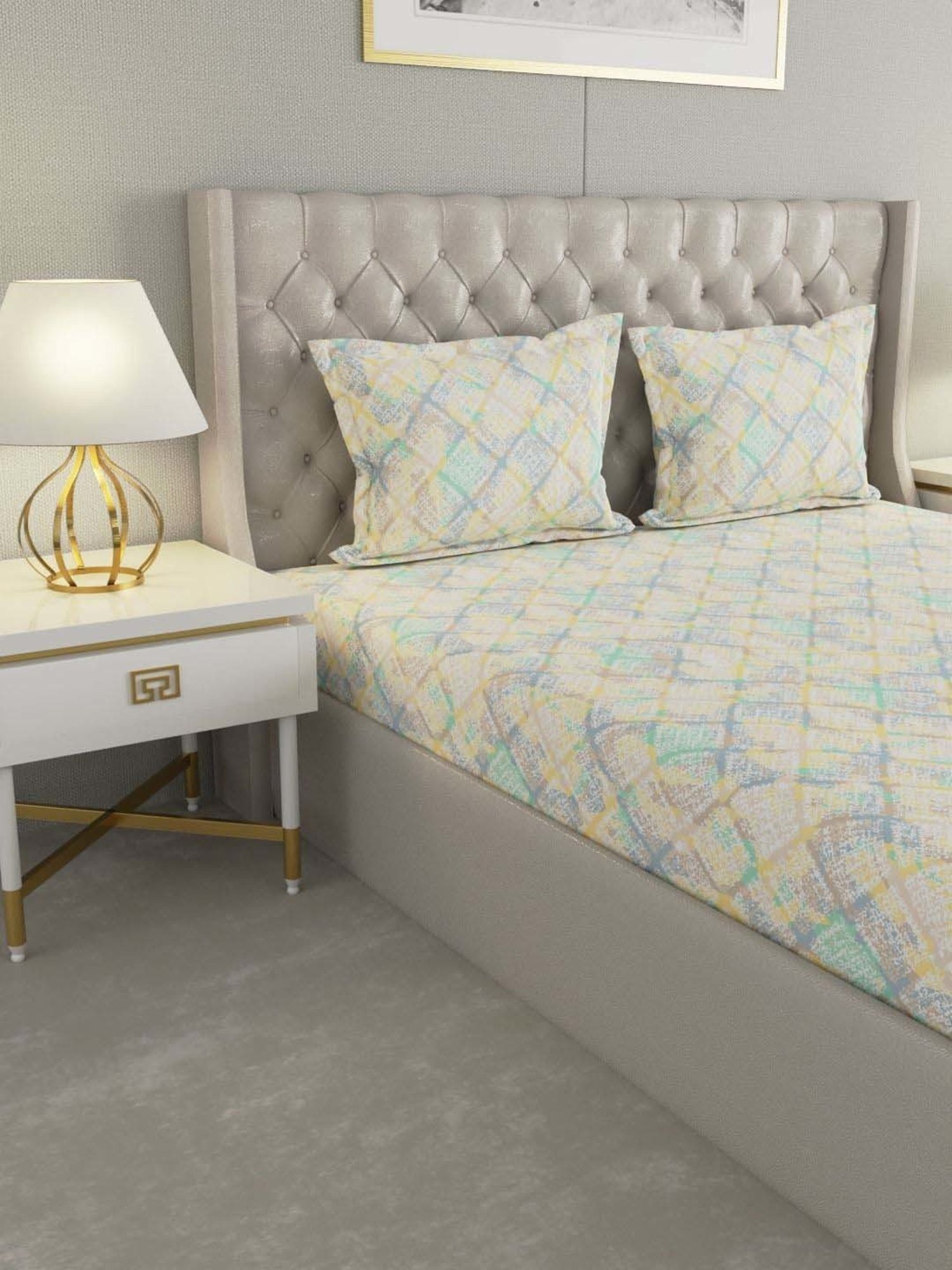 Raymond Home Jazzy Yellow & Blue 120 TC Cotton Queen Bedsheet with 2 Pillow Covers