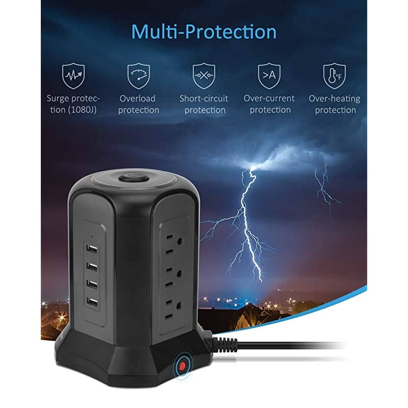 USB Power Strip Tower Surge Protector 10ft Extension Cord Desktop Charging Station 9 Outlets 4 USB 1080J Universal Voltage 110-240V Fire Proof Multiple Plug for PC Tablet Computer Office