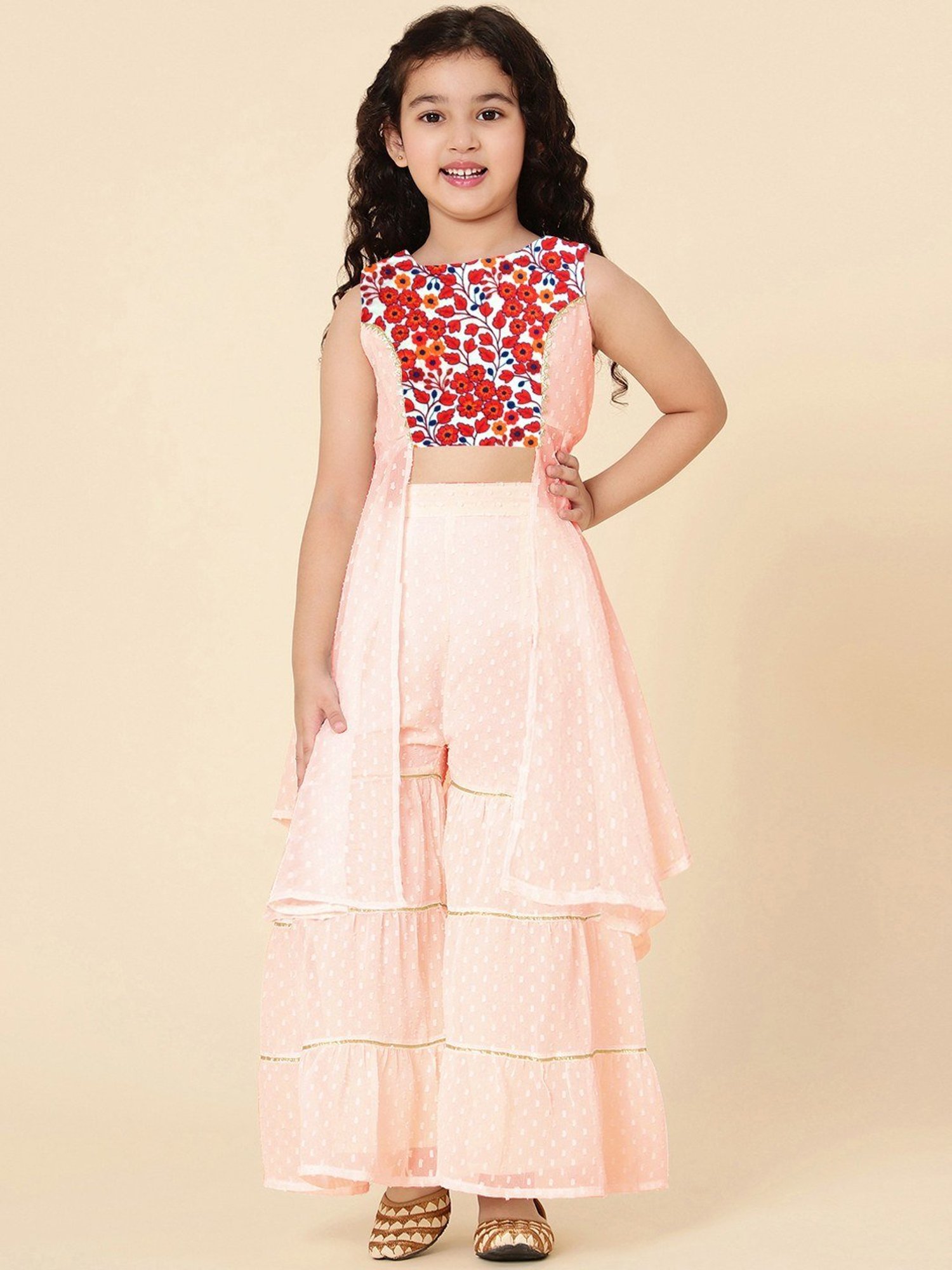 A.T.U.N. Kids Peach & Red Embroidered Kurta Set