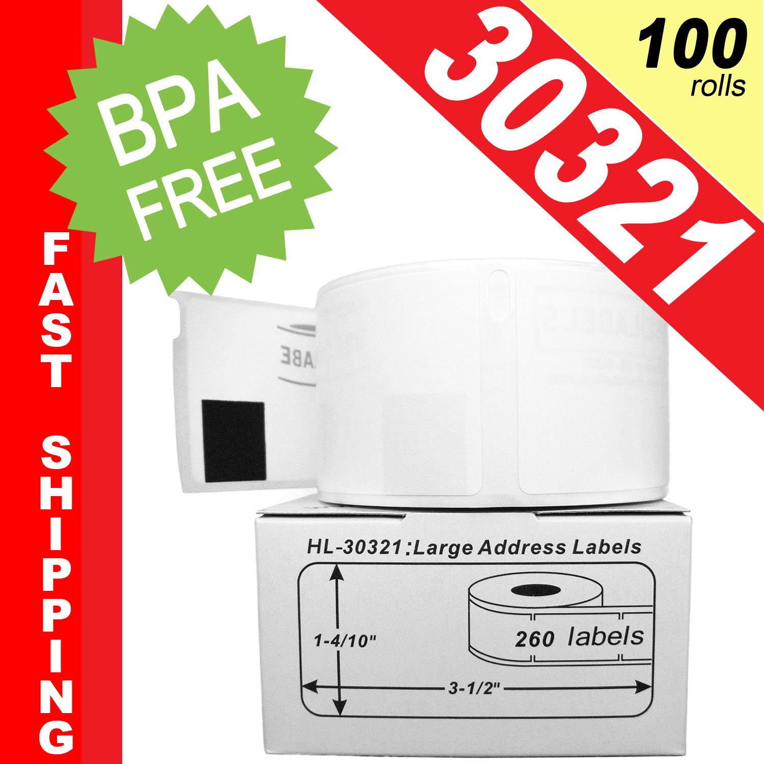 DYMO-Compatible 30321 Large Address Labels (1.4" x 3.5") -- BPA Free! (100 Rolls; 260 Labels per Roll)