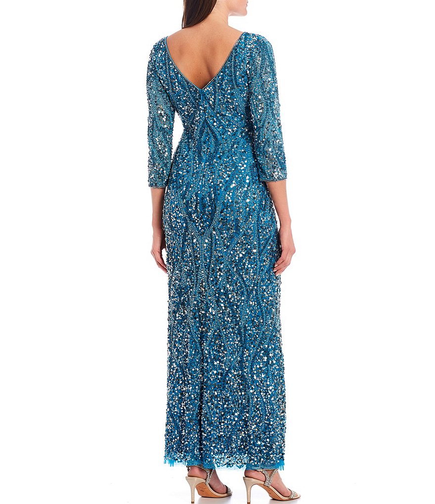 Pisarro Nights Beaded Mesh V-Back 3/4 Sleeve Sheath Gown