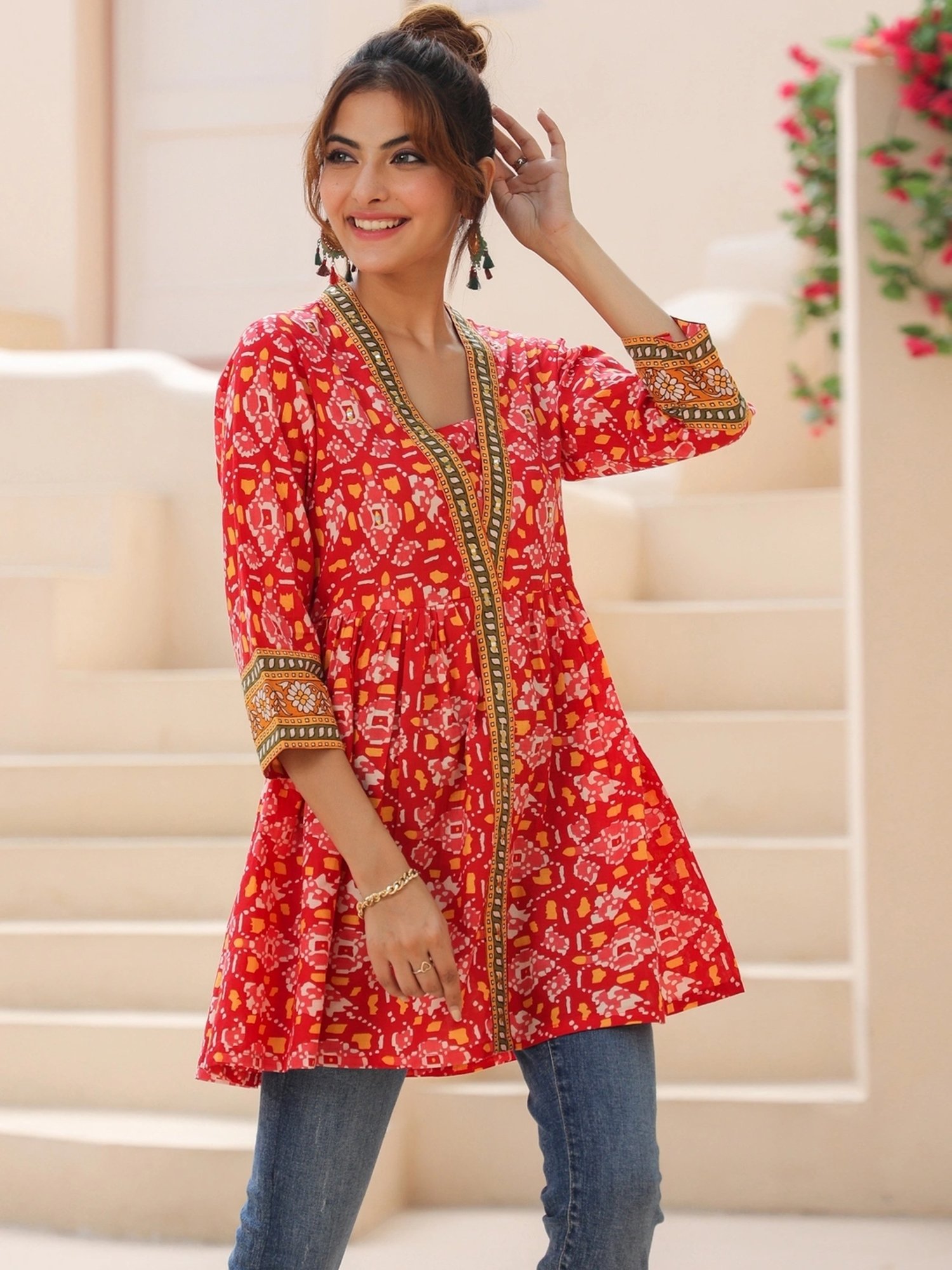 Rain and Rainbow Red Cotton Printed Top