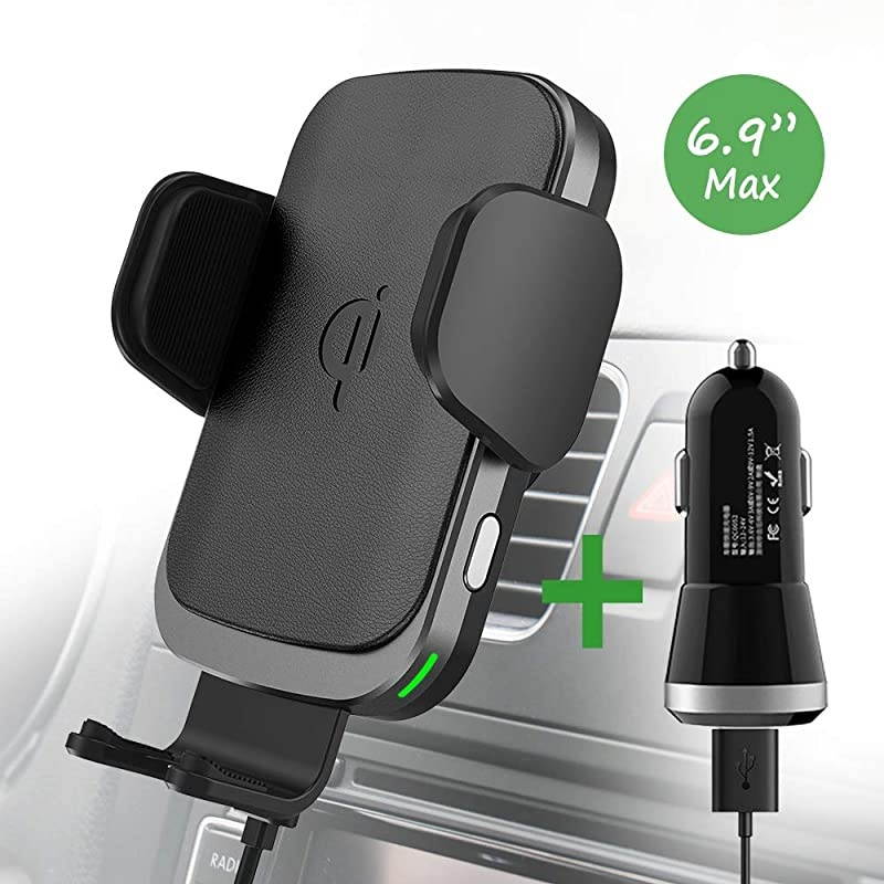 Wireless Charger Car Mount for iPhone 11ProMax iPhone SE XSX Note 10Plus Note 9 S10+S10 Fast Charging Auto Clamp Qi Phone Holder for VentWindshieldDashboard by QC Adaptor Included