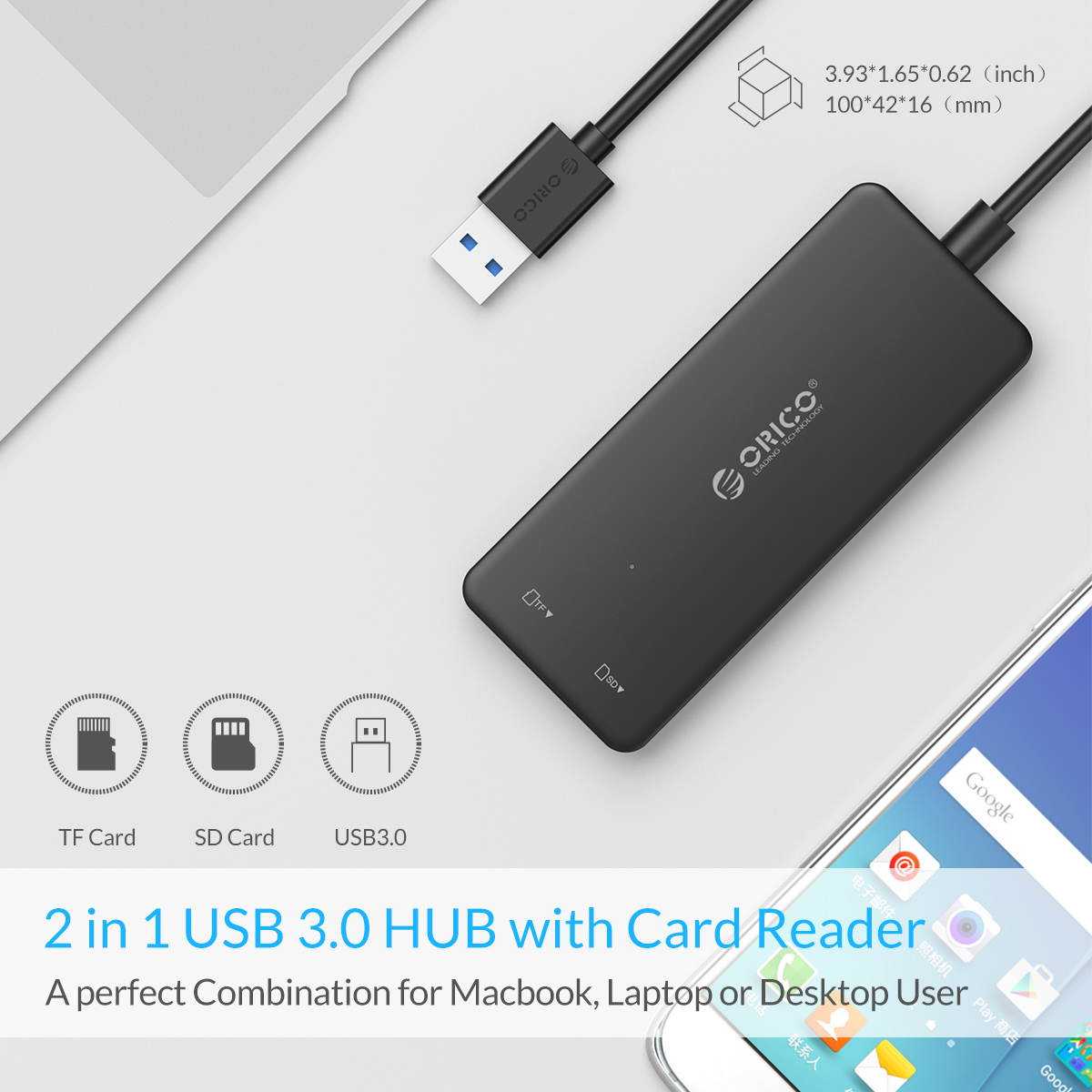 USB3.0 HUB, ORICO 3 Ports USB 3.0 Hub Super Speed with SD/ Micro SD Card Reader Combo For PCs and Laptops