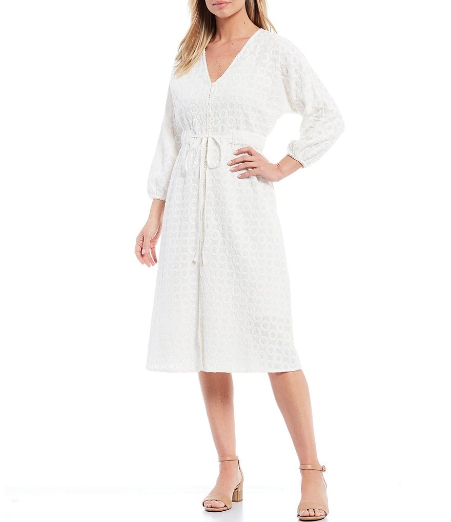 Reba Embroidered V-Neck 3/4 Sleeve Self Tie Button Front Eyelet Dress