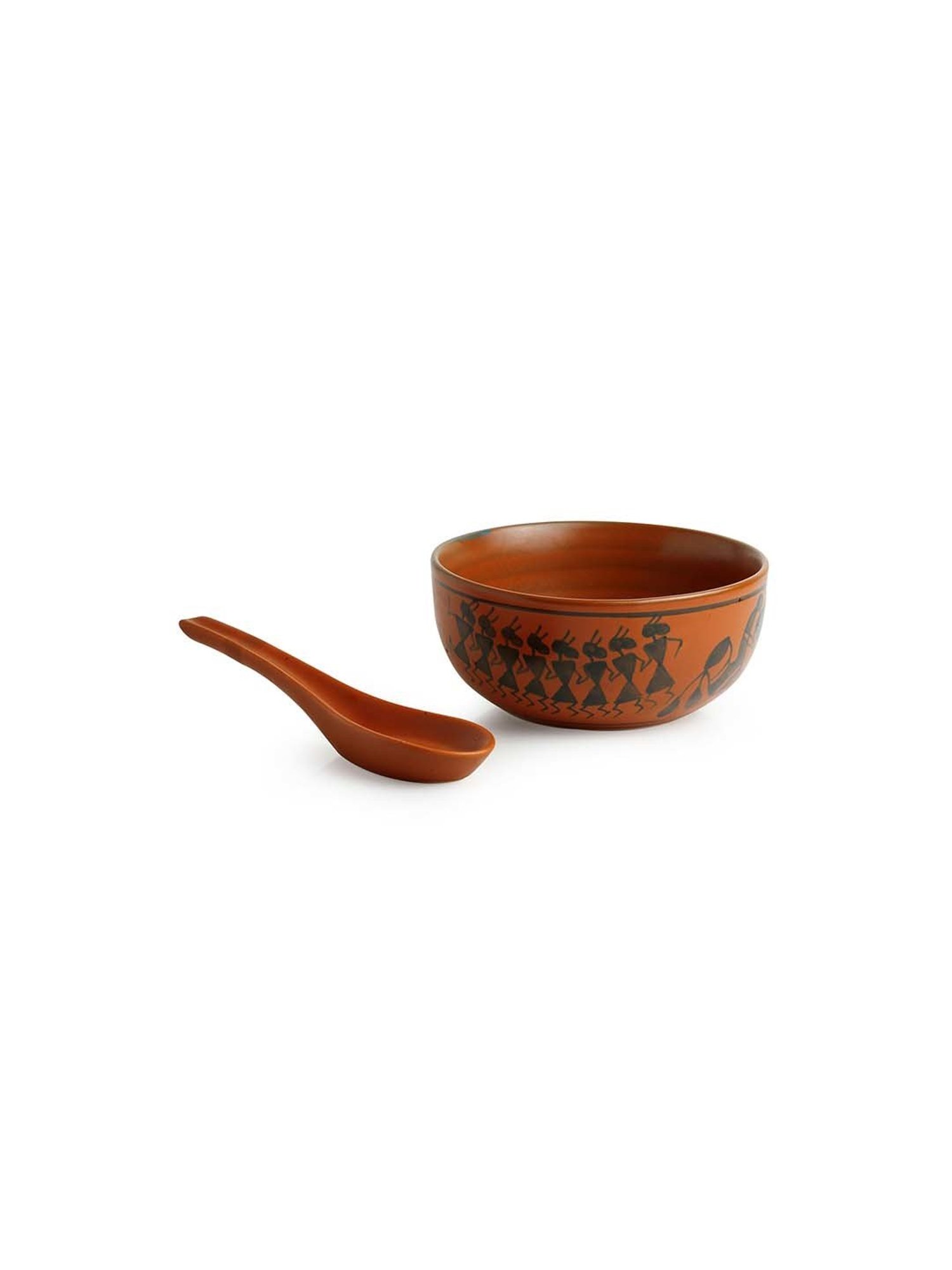 ExclusiveLane 'Bowl Dancing' Warli Hand-Painted Soup Bowls With Spoons In Ceramic (Set Of 2)