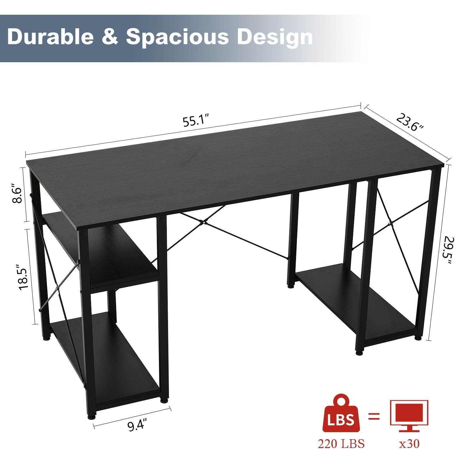 Gome Computer Desk with Shelves Storage, 55" Modern Home Office Desk for Small Spaces, Student Writing PC Desk for Teens Bedroom, Industrial Work Study Desk Wood Desk with Mouse Pad & Hanging Hook
