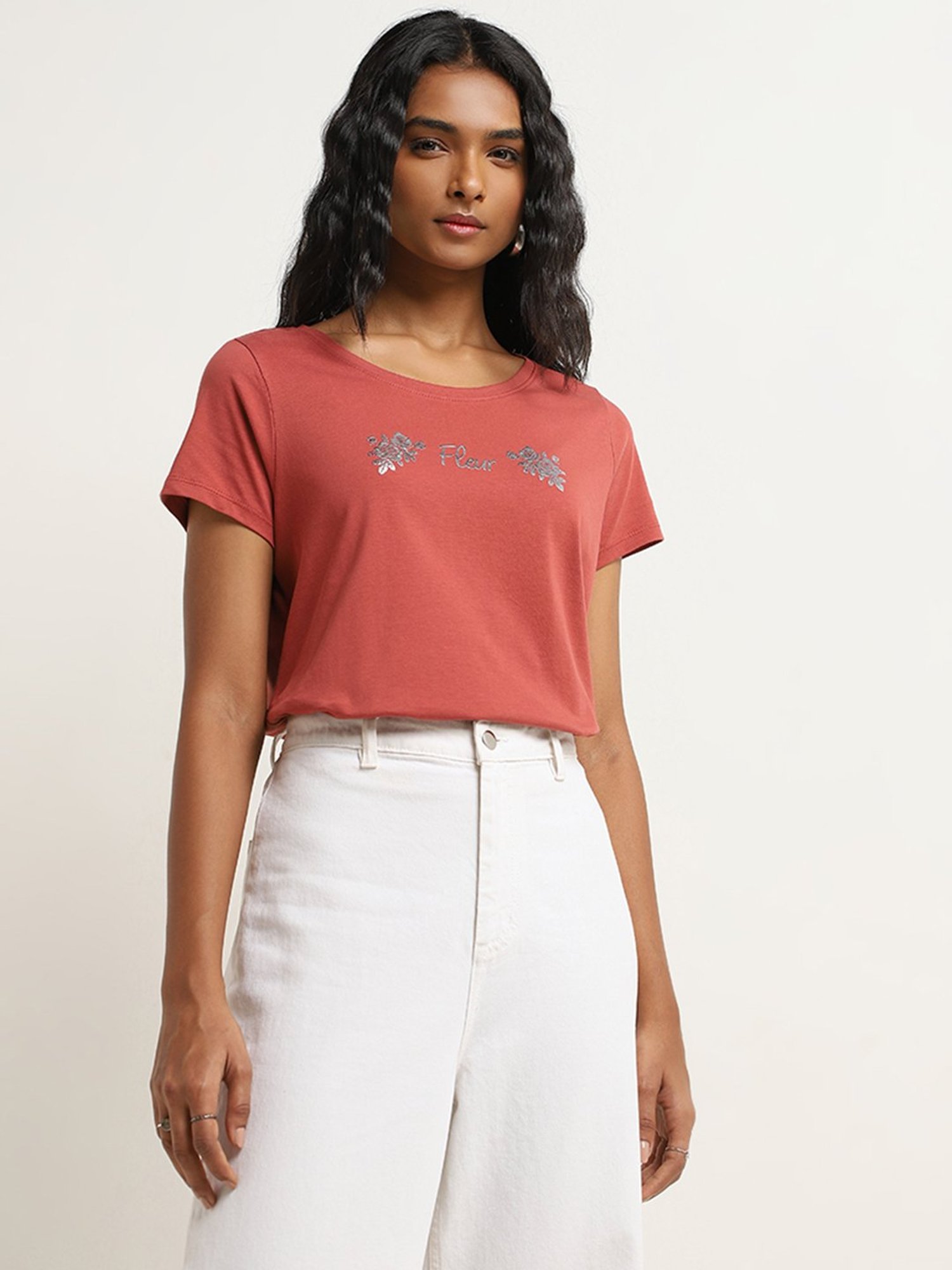 LOV by Westside Dusty Rose Text Printed Cotton T-Shirt