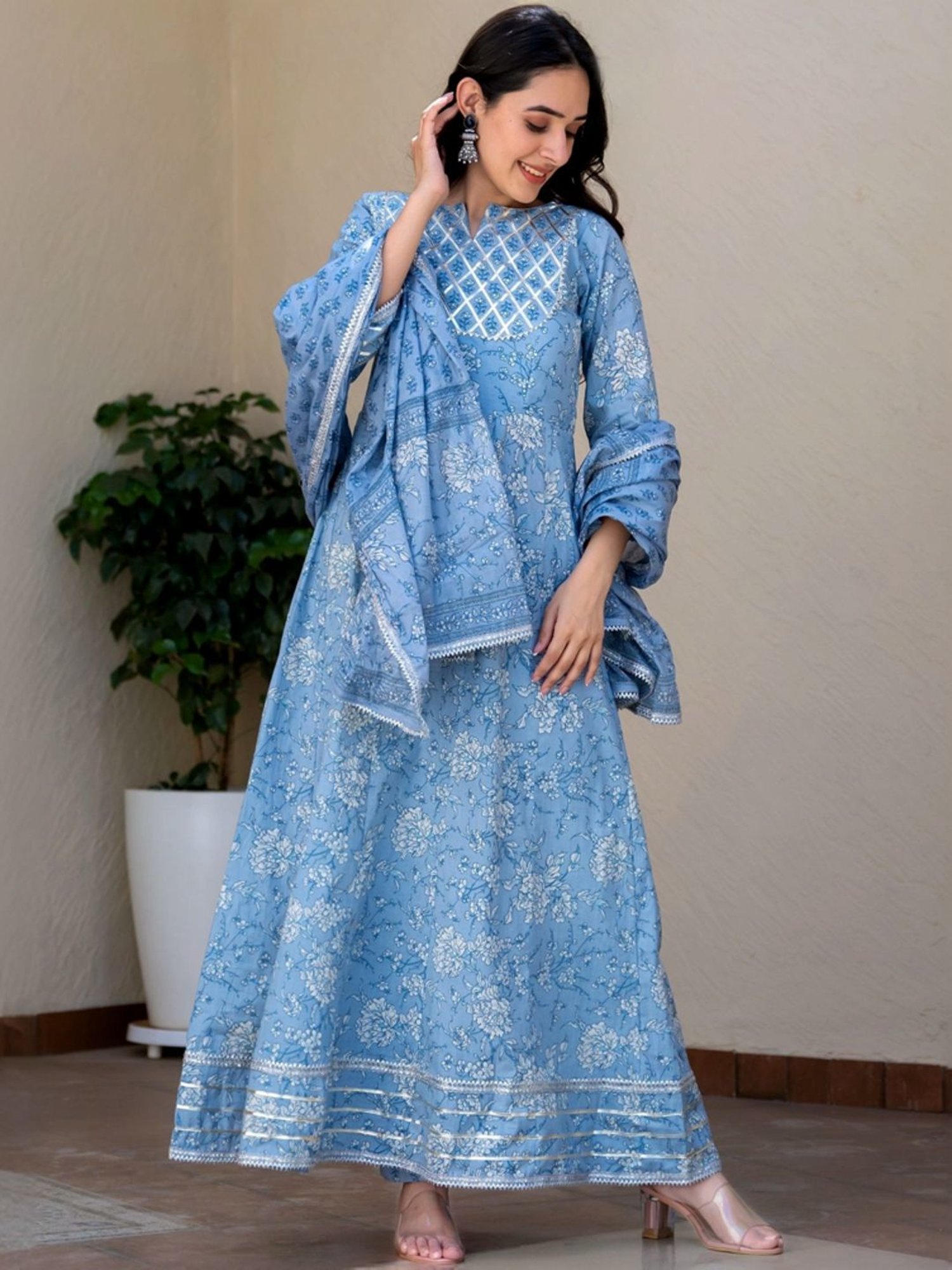 HOUSE OF JAMOTI Grey Cotton Printed A Line Kurta With Dupatta