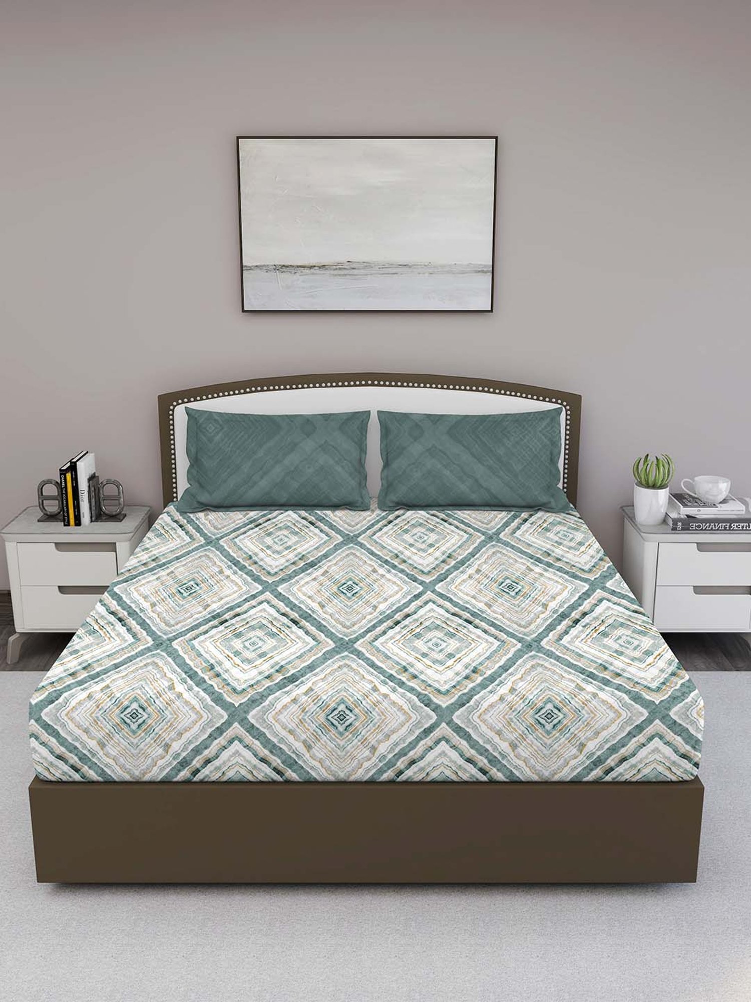 GM Green & Beige 100% Cotton 210 TC King Bedsheet Set