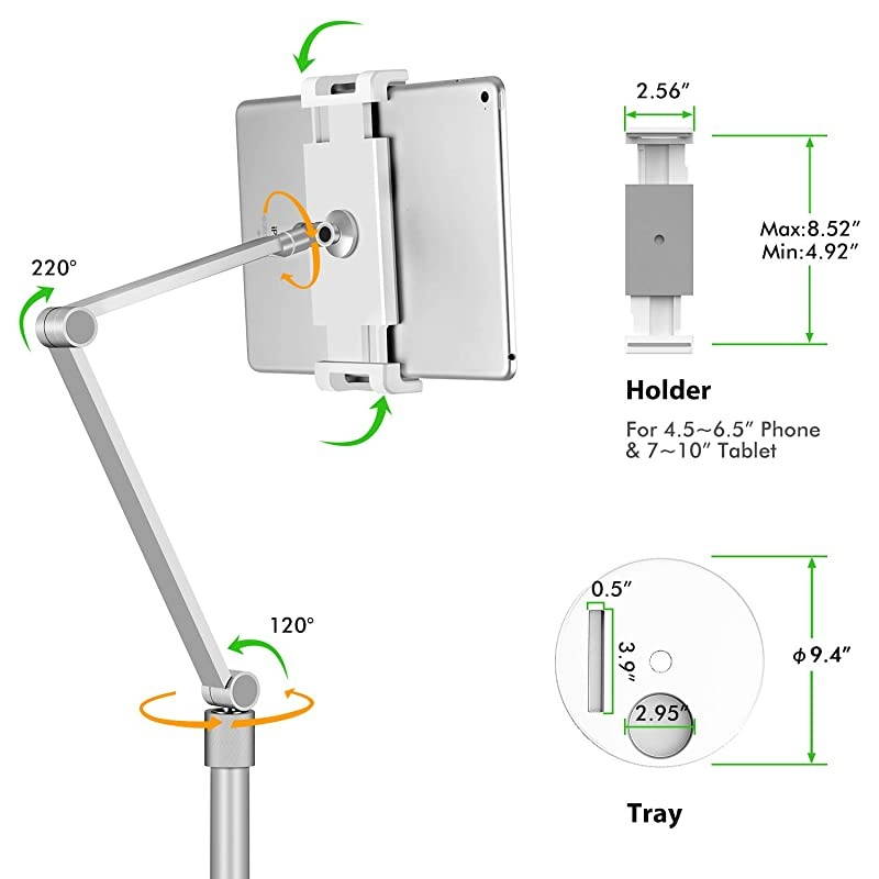 Tablet Floor Stand Holder for iPadApplicable to 45~10inch Smart Phone and Tablet Such as iPad iPhone X iPad ProiPad Mini iPad Air 12 iPad 24 Silver