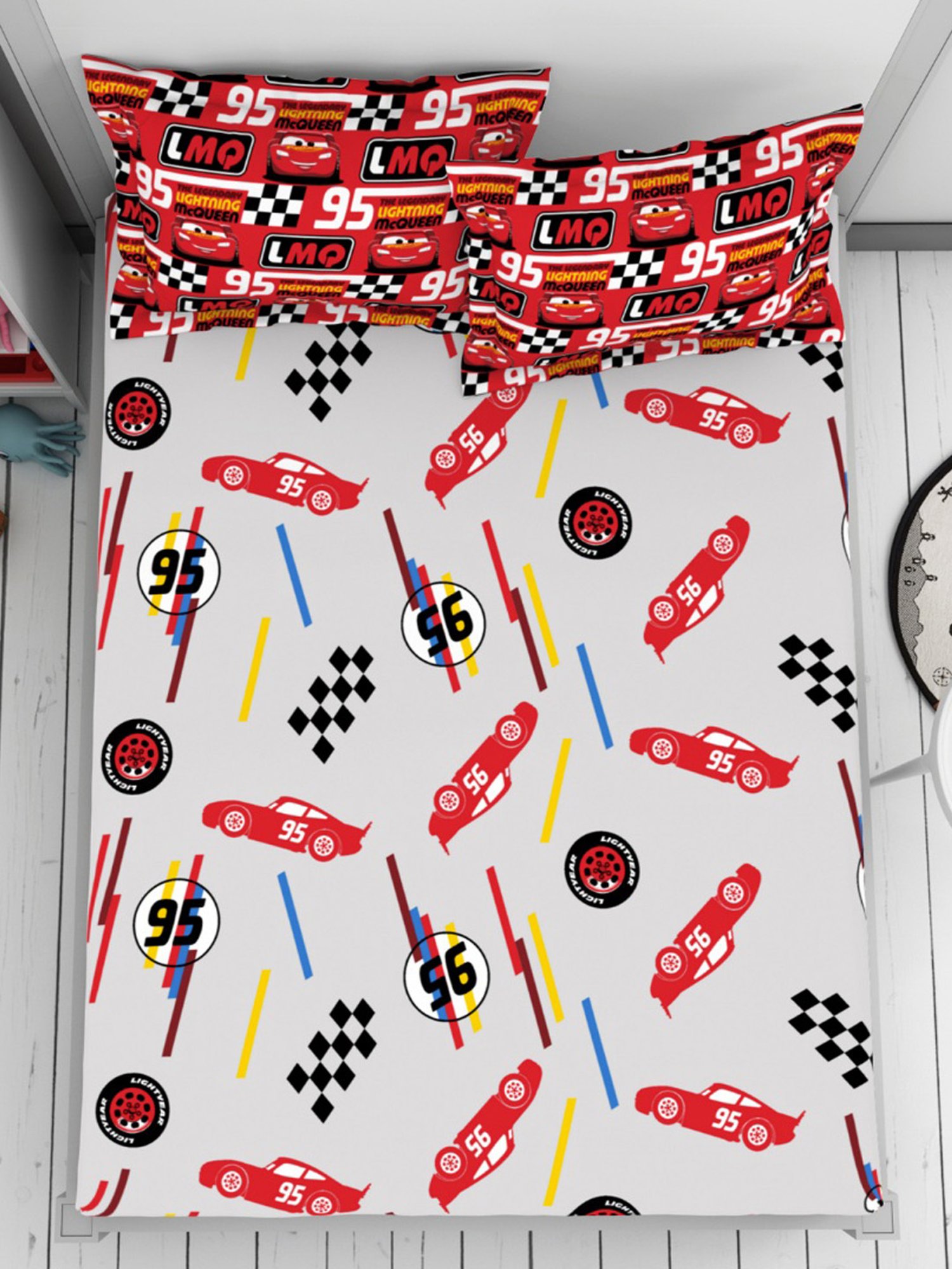 Welspun Disney Car Printed Grey 144 TC Cotton Double Bedsheet With 2 Pillow Covers