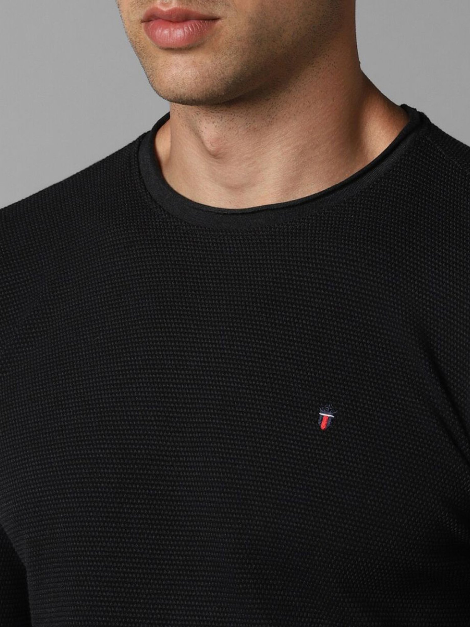 Louis Philippe Black Cotton Slim Fit Textured T-Shirt