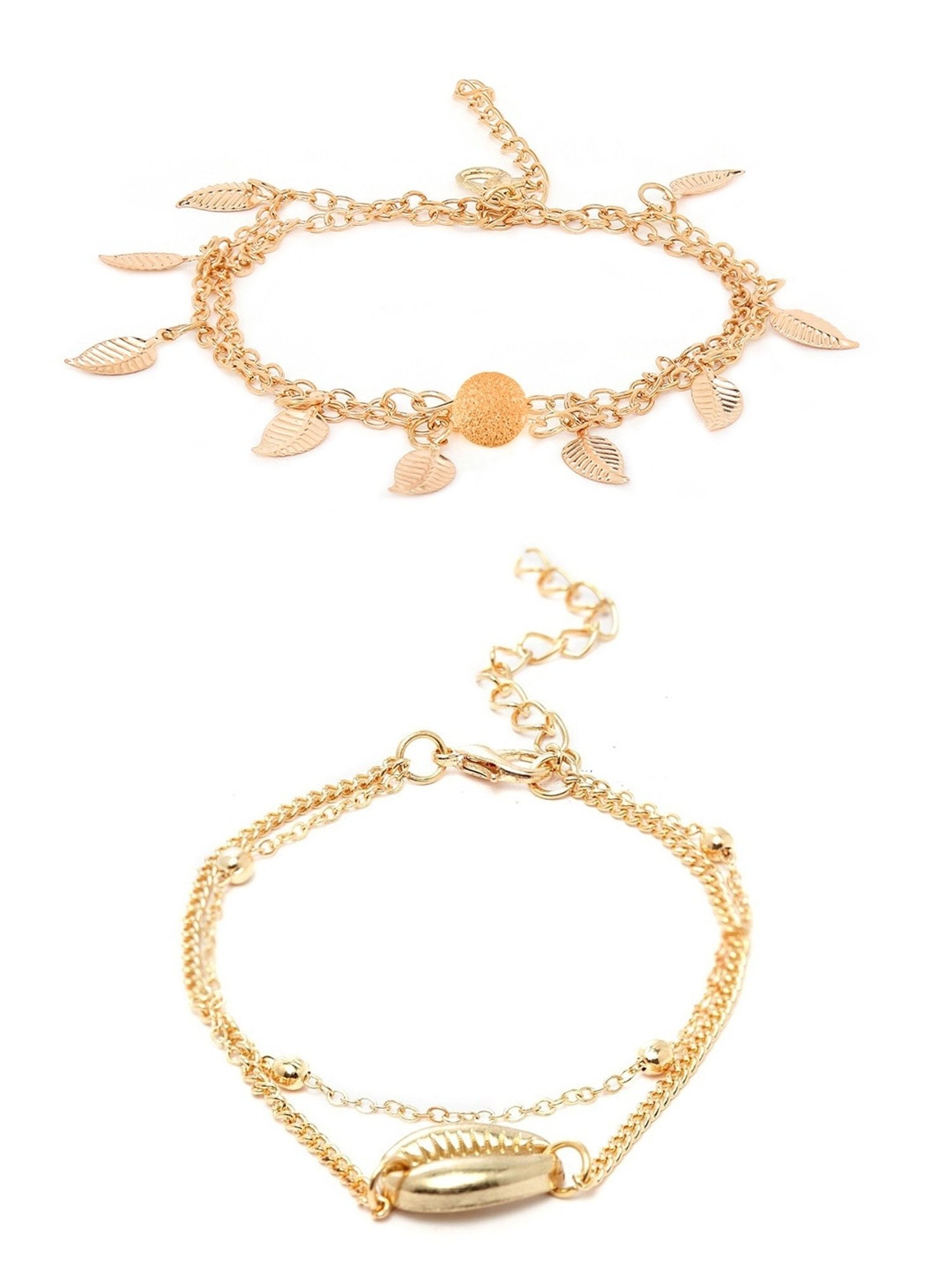 OOMPH Gold Tone Multi Layer Leaf & Sea Shell Beach Fashion Anklet Pack of 2