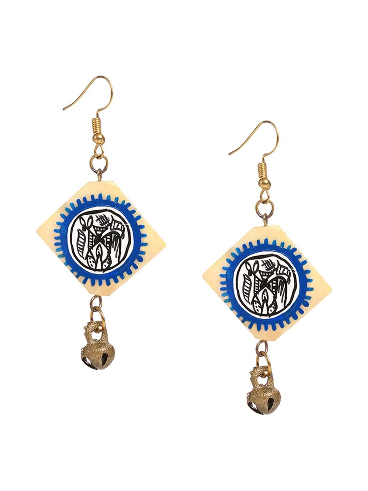 ExclusiveLane 'Tribal Warli Squares' Blue & Ivory Brass Resin Earrings Handpainted in Warli Art