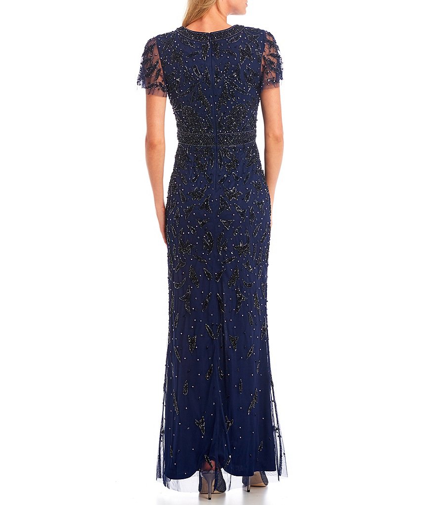 Aidan Mattox V-Neck Short Flutter Sleeve Front Slit Beaded Mesh Gown