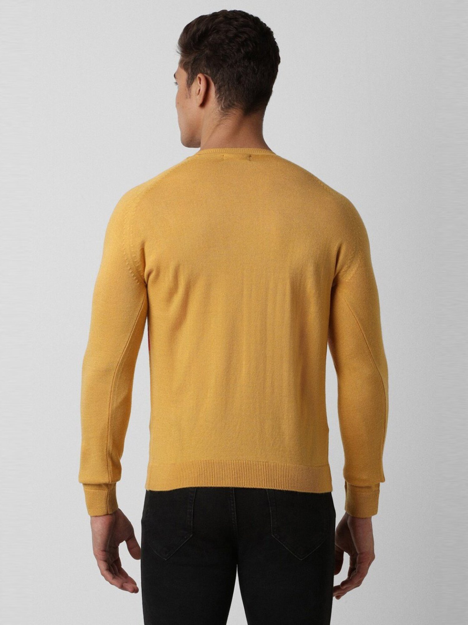 Peter England Yellow Cotton Regular Fit Colour Block Sweater