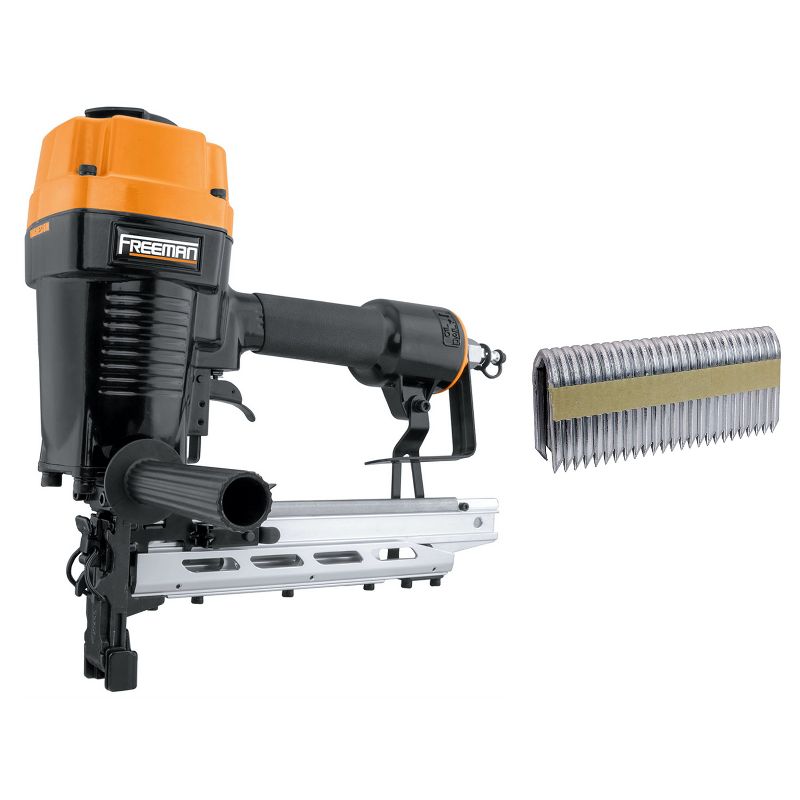 Freeman PFS9 Pneumatic 9-Gauge 2-Inch Ergonomic and Lightweight Fencing Stapler with Quick Release and 1000 9 Gauge 1.75-Inch Nails Box, Orange