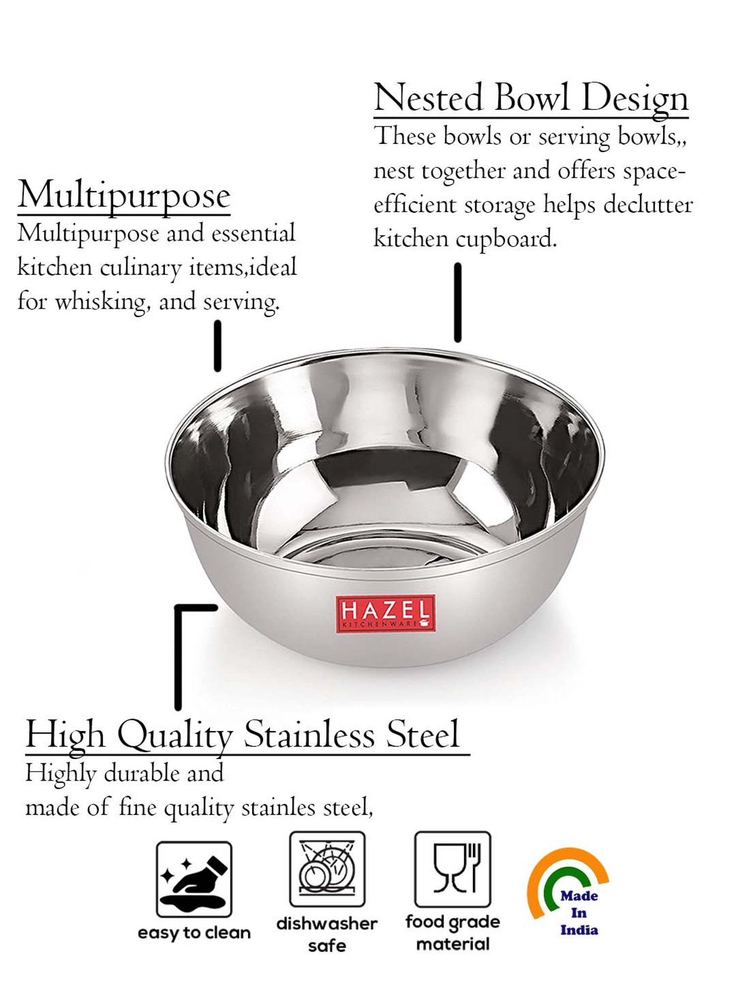 HAZEL Silver Stainless Steel 10 cm Dinner Bowl - Set of 3